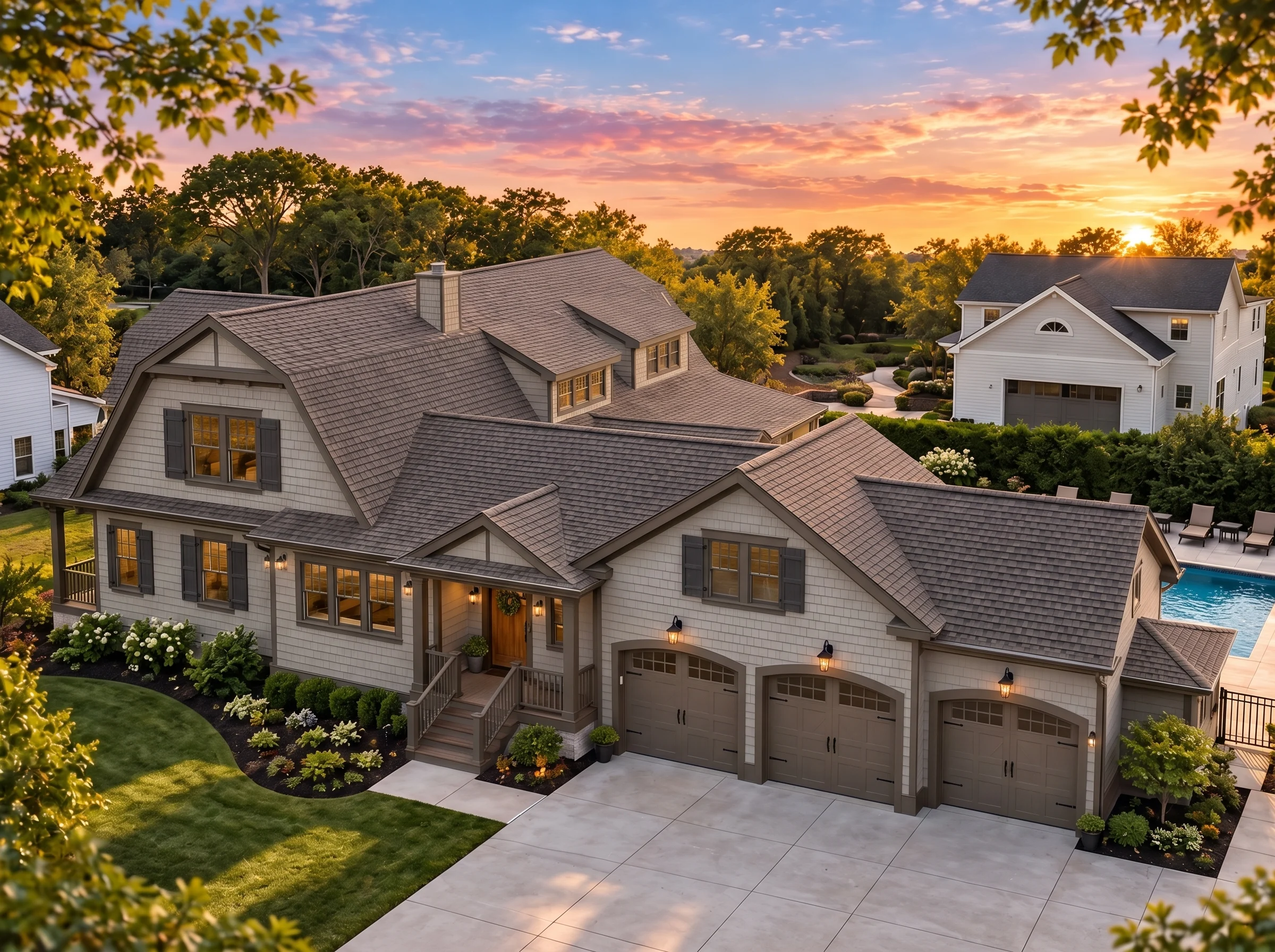 Plan  14-1085 – Legend Retreat |  Shingle Style – 4-Bed, 4-Bath, 4,651 SF - Mushroom Taupe, AI-generated exterior concept