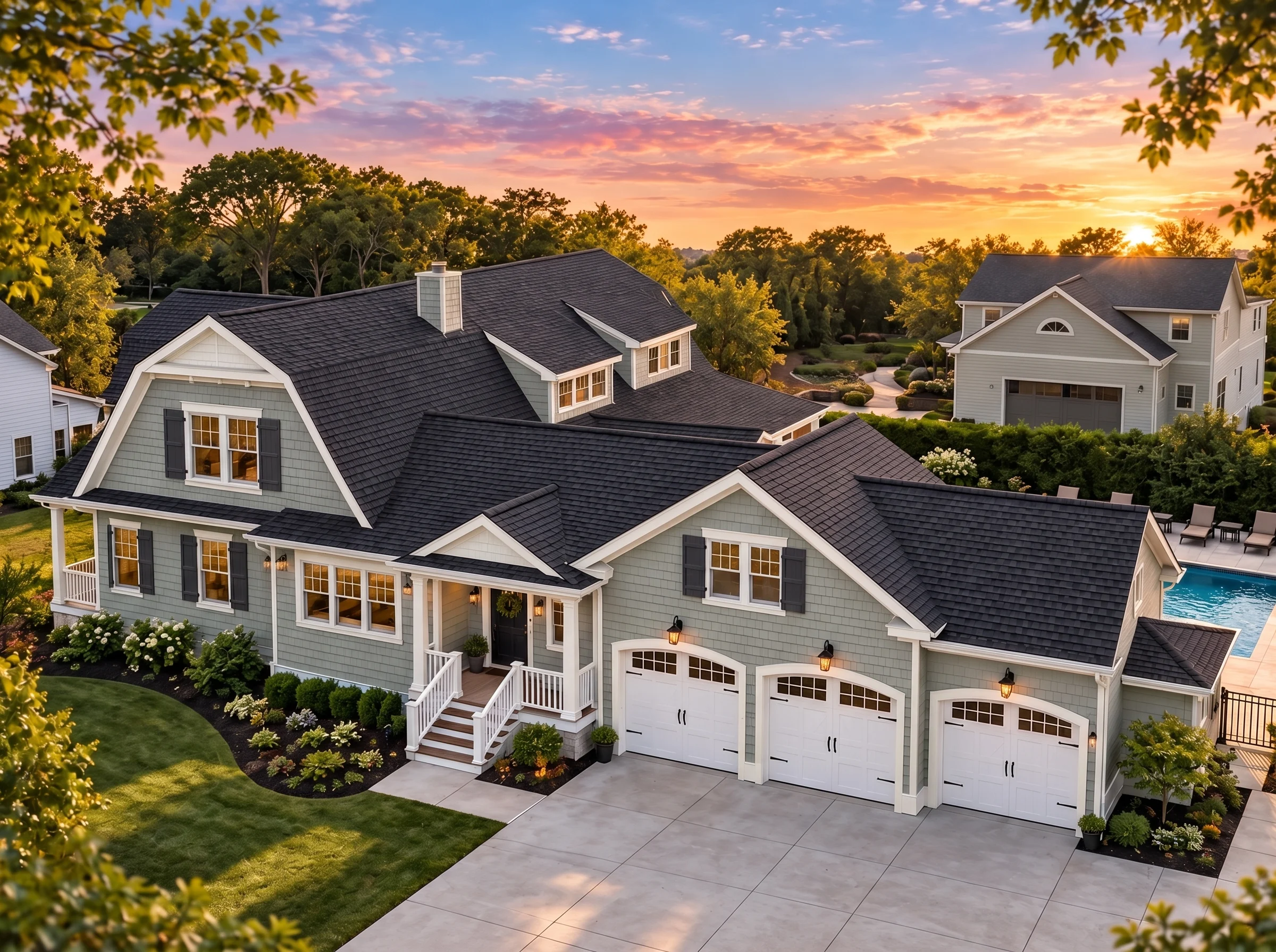 Plan  14-1085 – Legend Retreat |  Shingle Style – 4-Bed, 4-Bath, 4,651 SF - Muted Sage, AI-generated exterior concept