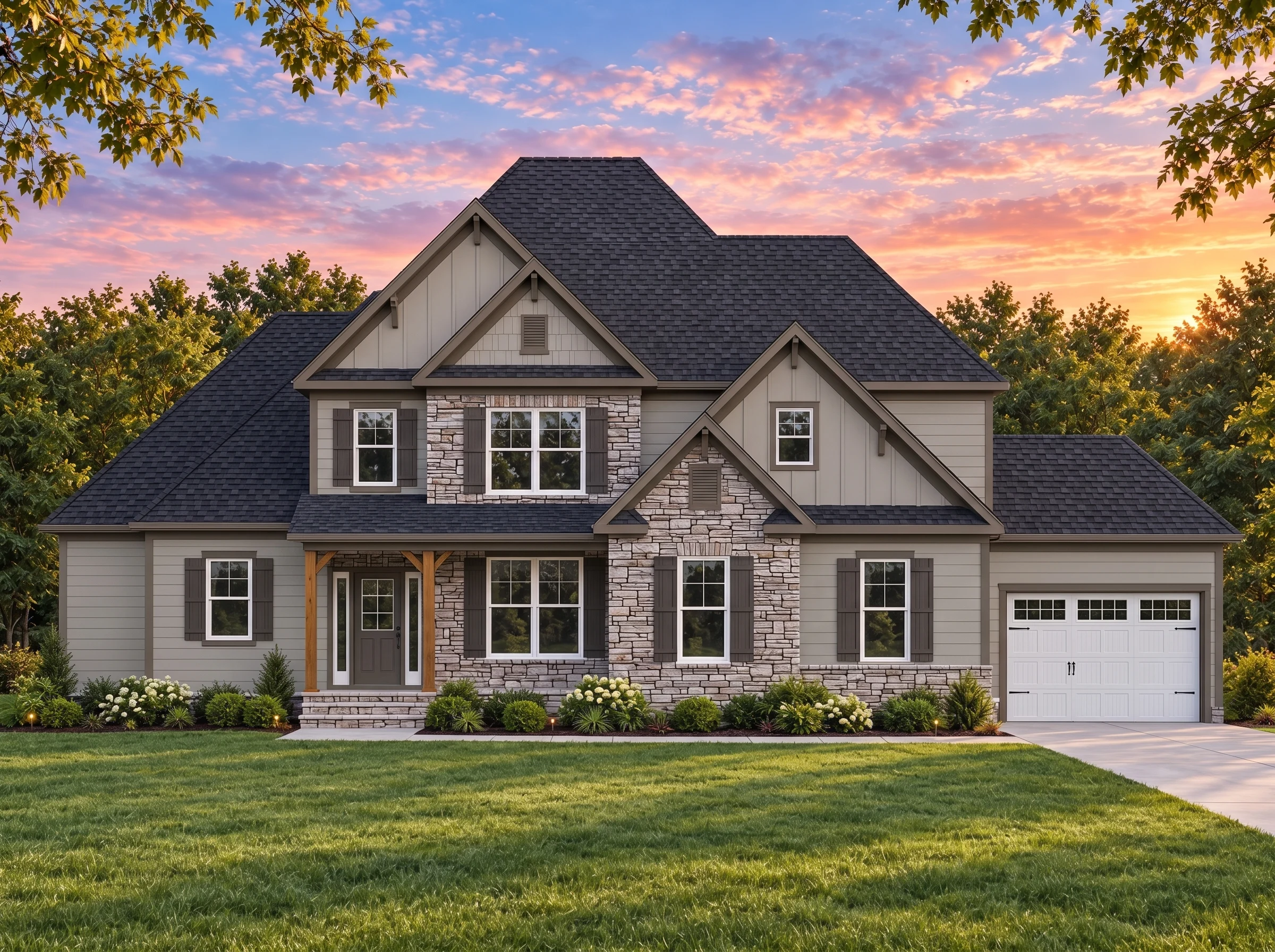 Plan  14-1079 – Oregon Beaver | New  American – 4-Bed, 3.5-Bath, 3,166 SF - Mushroom Taupe, AI-generated exterior concept