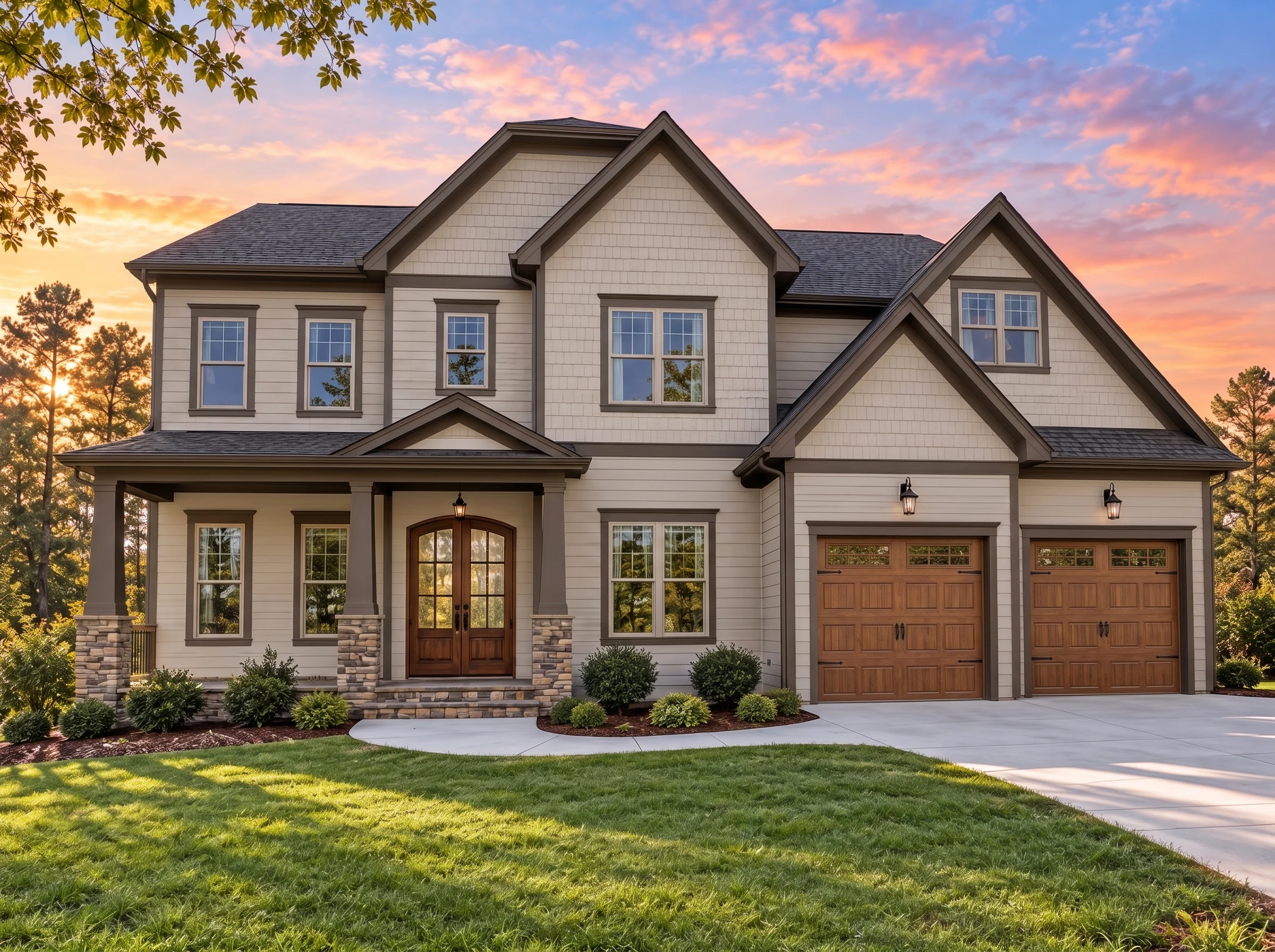 Plan  14-1144 – Magnolia Brook Manor  | Modern Traditional – 5-Bed, 5.5-Bath, 4,880 SF - Mushroom Taupe, AI-generated exterior concept