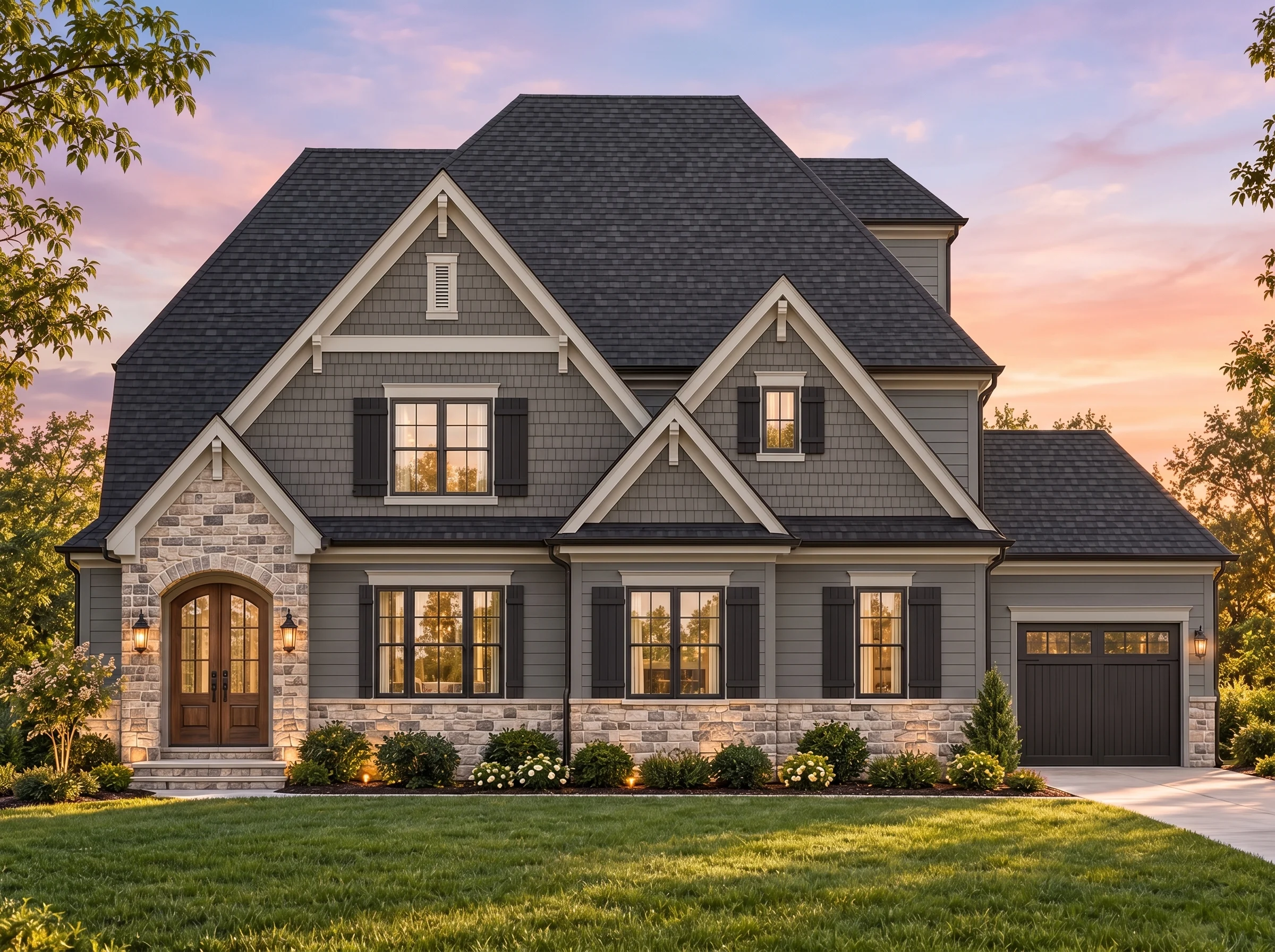 Plan  14-1121 – Colorado Peak | New  American – 4-Bed, 3.5-Bath, 3,658 SF - Warm Charcoal, AI-generated exterior concept