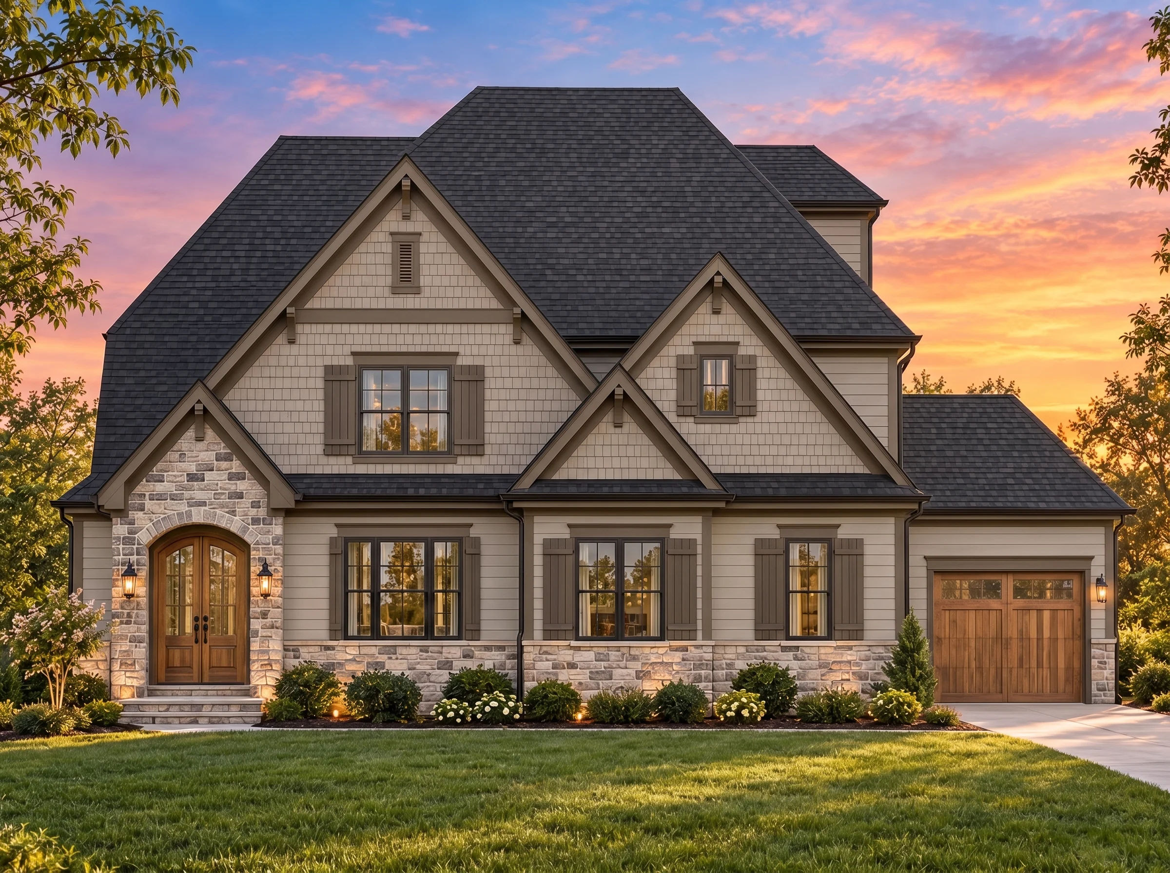 Plan  14-1121 – Colorado Peak | New  American – 4-Bed, 3.5-Bath, 3,658 SF - Mushroom Taupe, AI-generated exterior concept