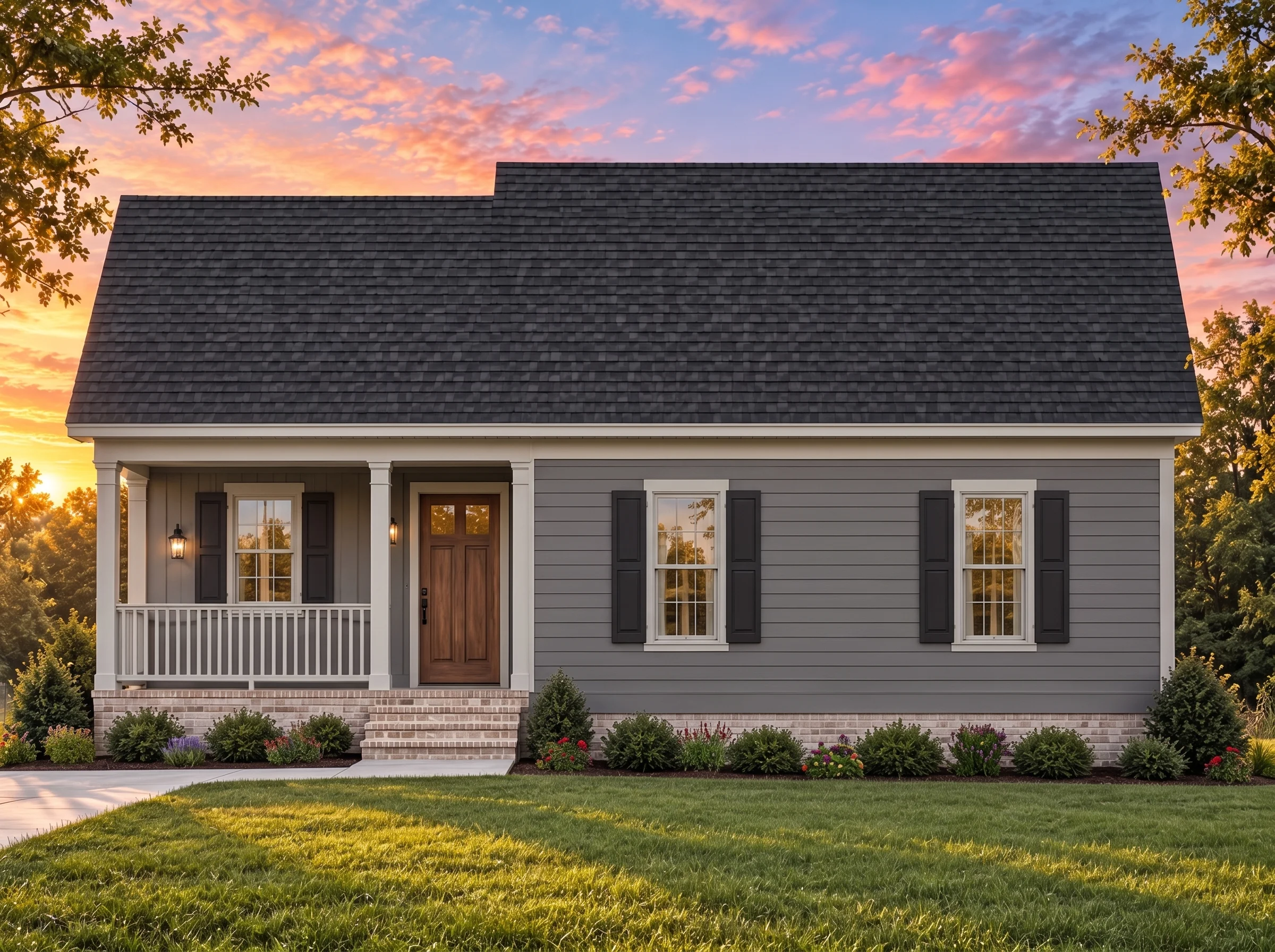 Plan  14-1170 – Auburn Cove Lodge |  Traditional Ranch – 3-Bed, 2-Bath, 1,090 SF - Warm Charcoal, AI-generated exterior concept