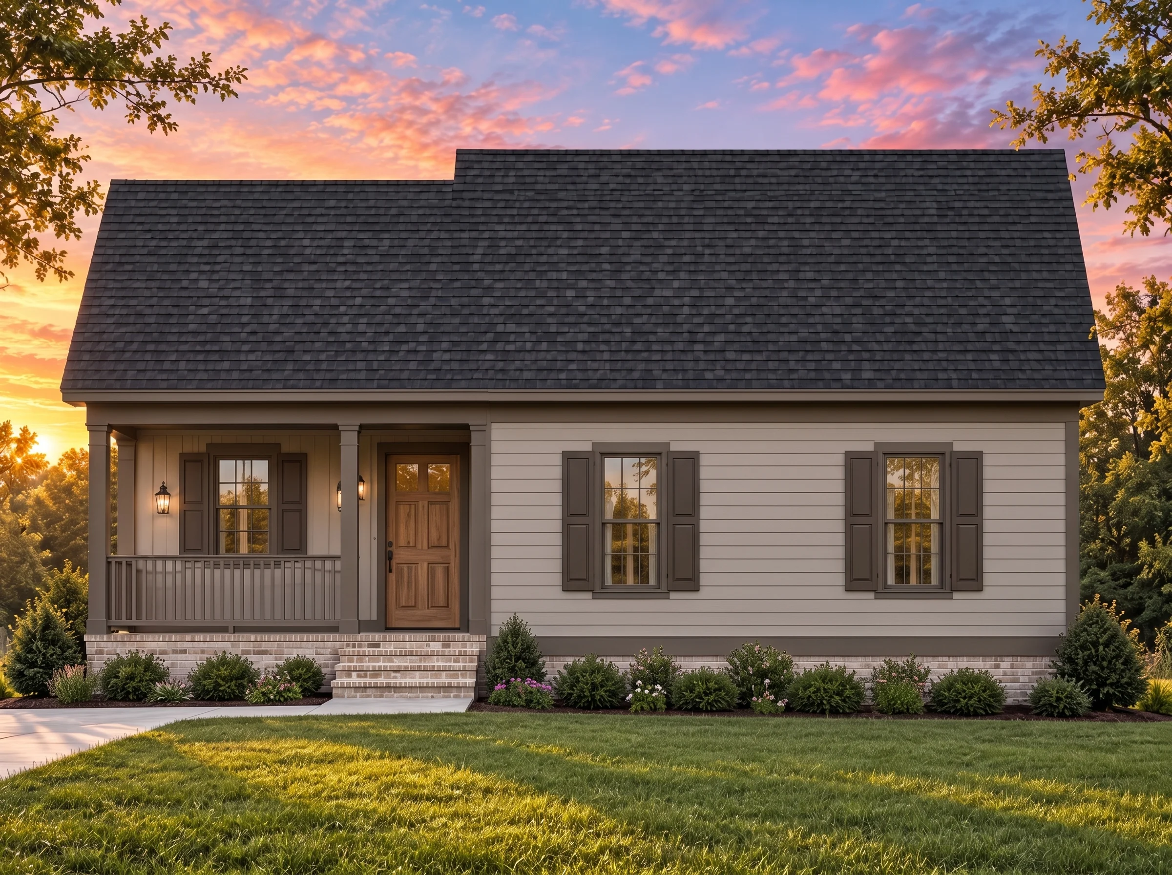 Plan  14-1170 – Auburn Cove Lodge |  Traditional Ranch – 3-Bed, 2-Bath, 1,090 SF - Mushroom Taupe, AI-generated exterior concept