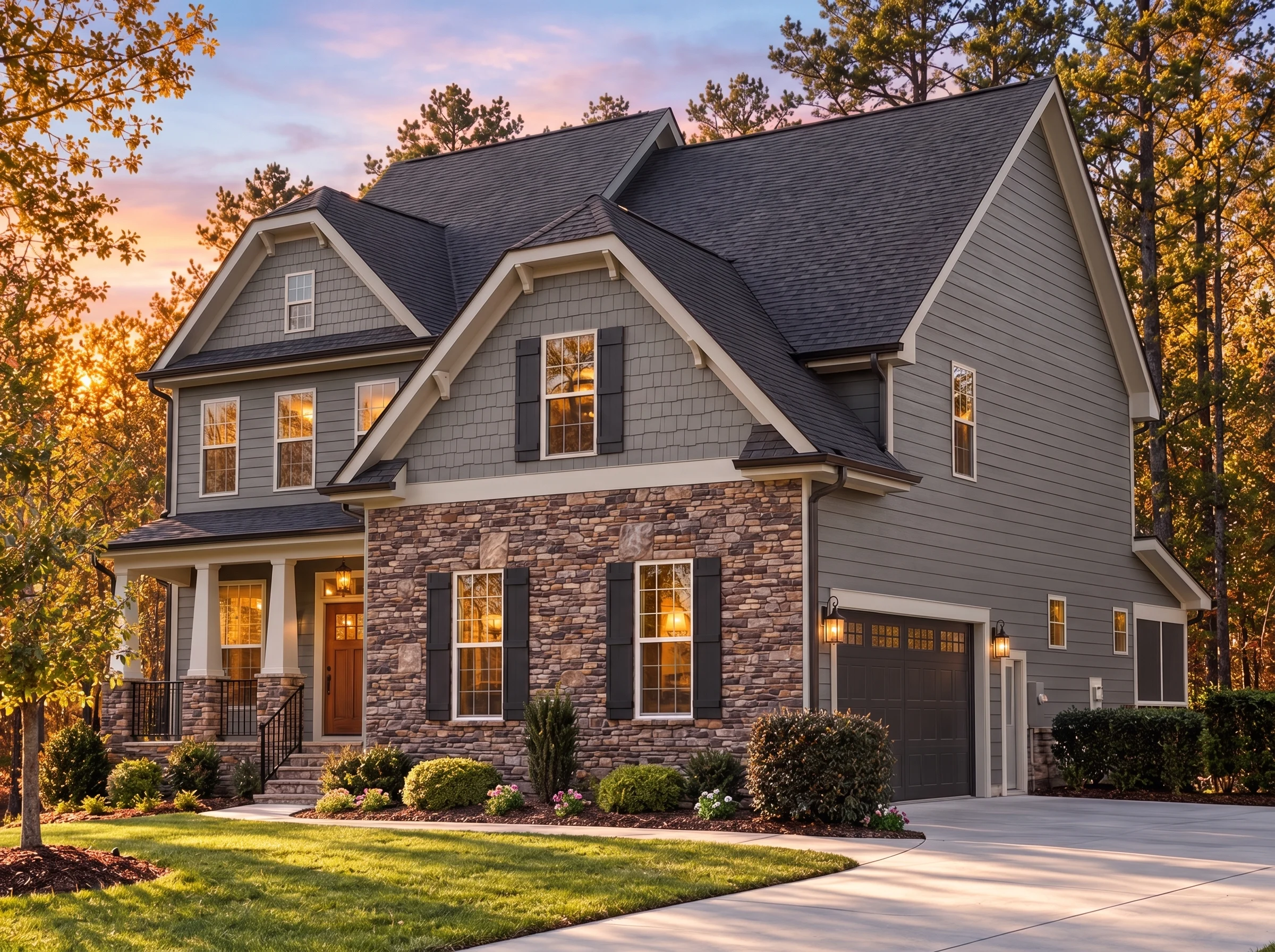 Plan  14-1249 – Onyx Contractors |  New American – 3-Bed, 2.5-Bath, 2,650 SF - Warm Charcoal, AI-generated exterior concept