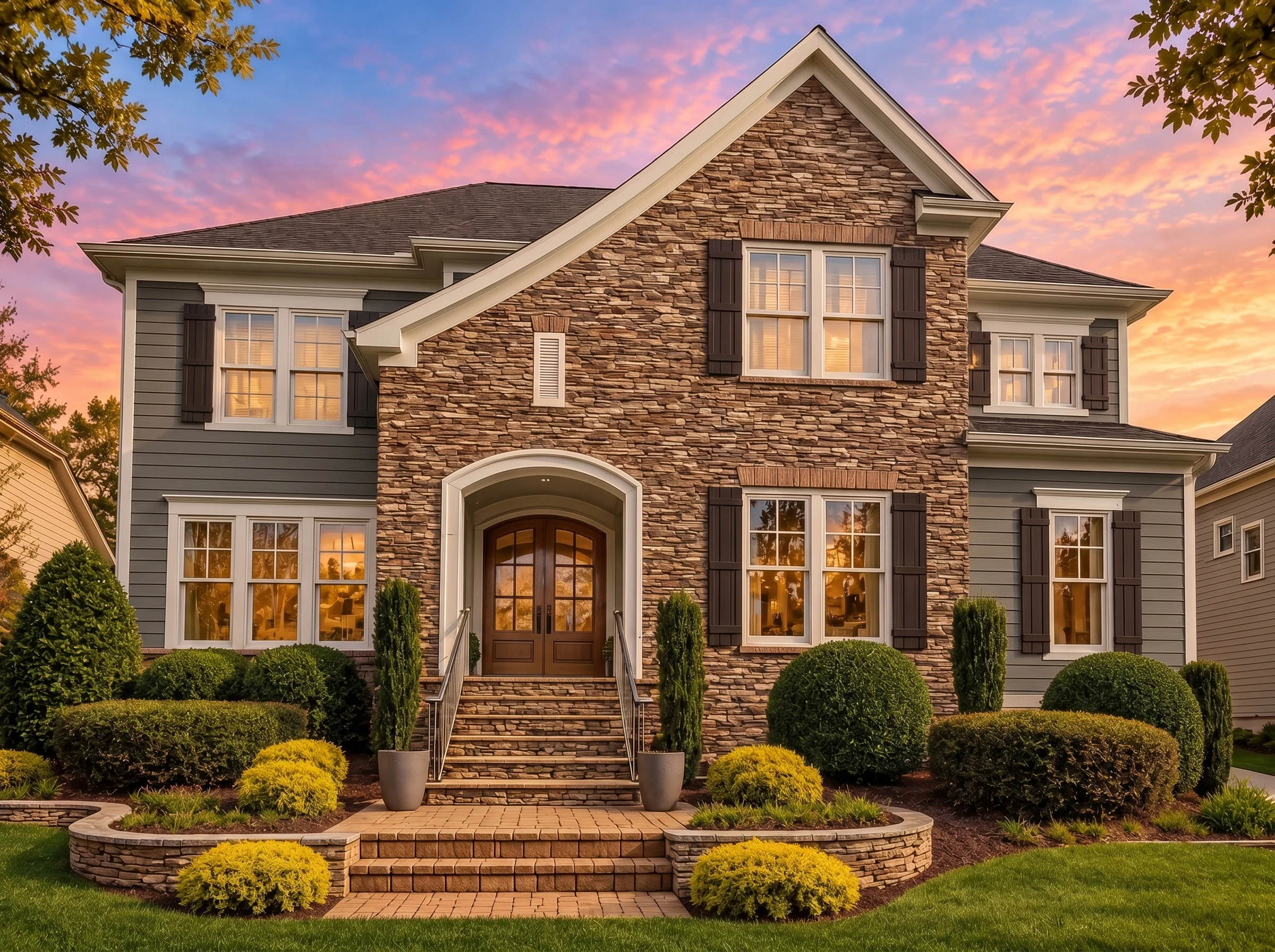Plan  14-1211 – Auburn Springs Cottage  | New American – 4-Bed, 5-Bath, 4,783 SF - Warm Charcoal, AI-generated exterior concept
