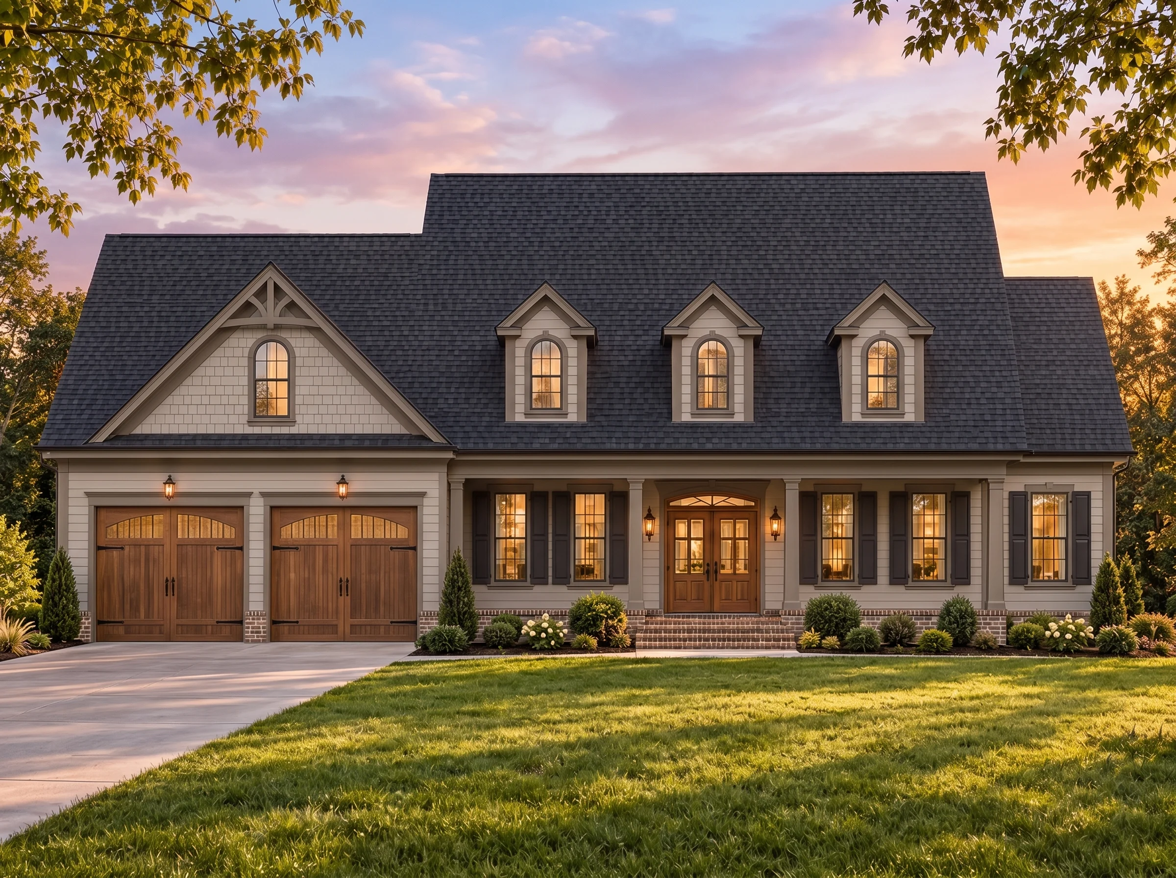 Plan  14-1206 – Auburn Cove Residence  | Cape Cod – 4-Bed, 4.5-Bath, 3,988 SF - Mushroom Taupe, AI-generated exterior concept