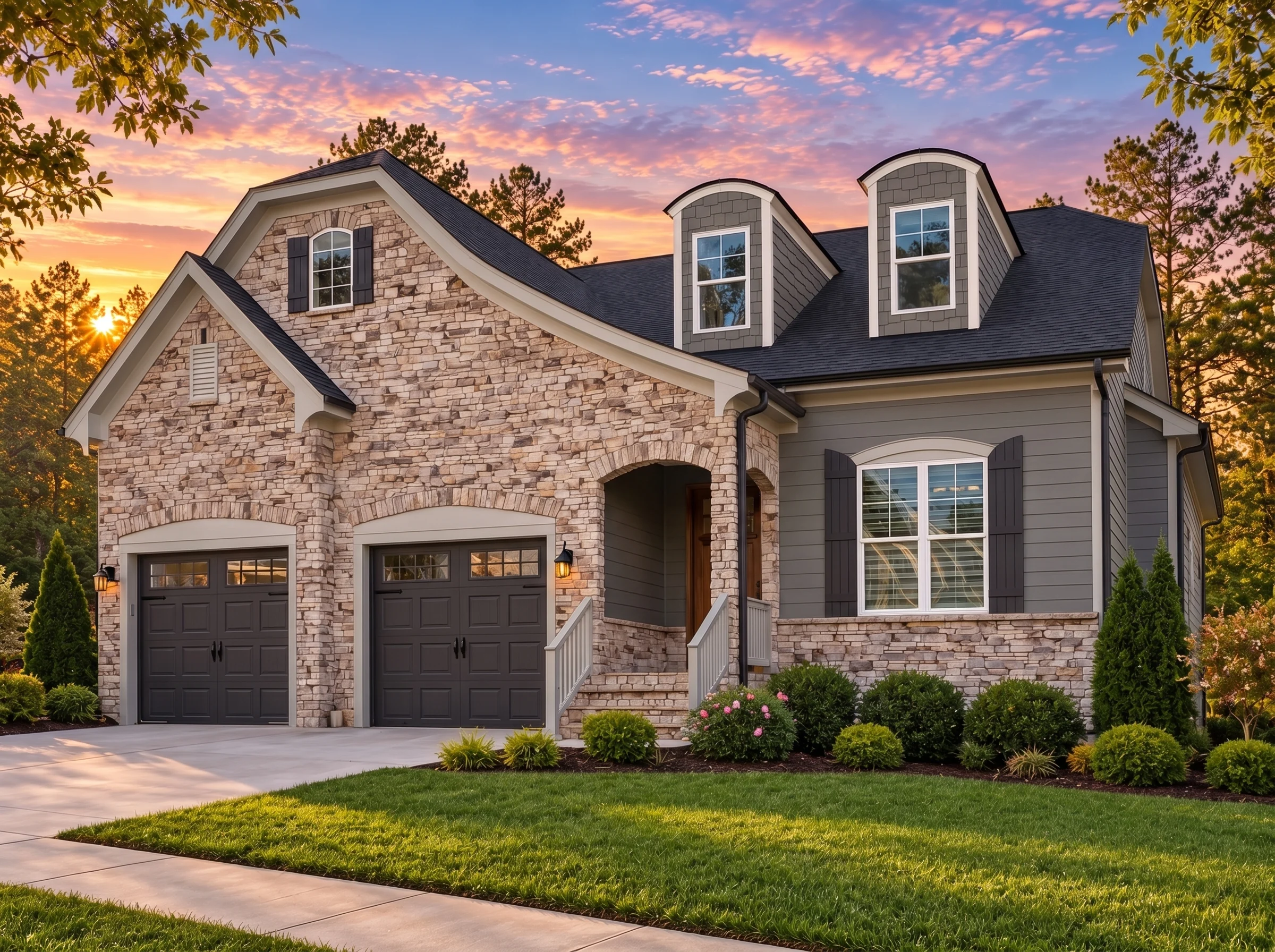 Plan  14-1214 – Auburn Bluff Residence  | French Country – 4-Bed, 4-Bath, 2,777 SF - Warm Charcoal, AI-generated exterior concept