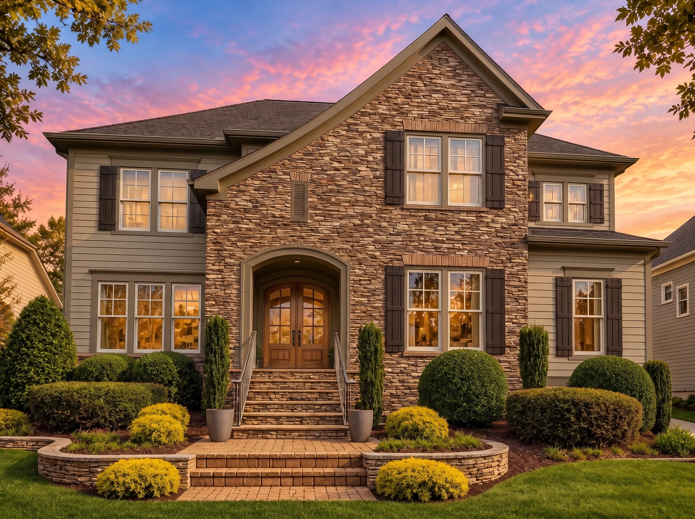 Plan  14-1211 – Auburn Springs Cottage  | New American – 4-Bed, 5-Bath, 4,783 SF - Mushroom Taupe, AI-generated exterior concept