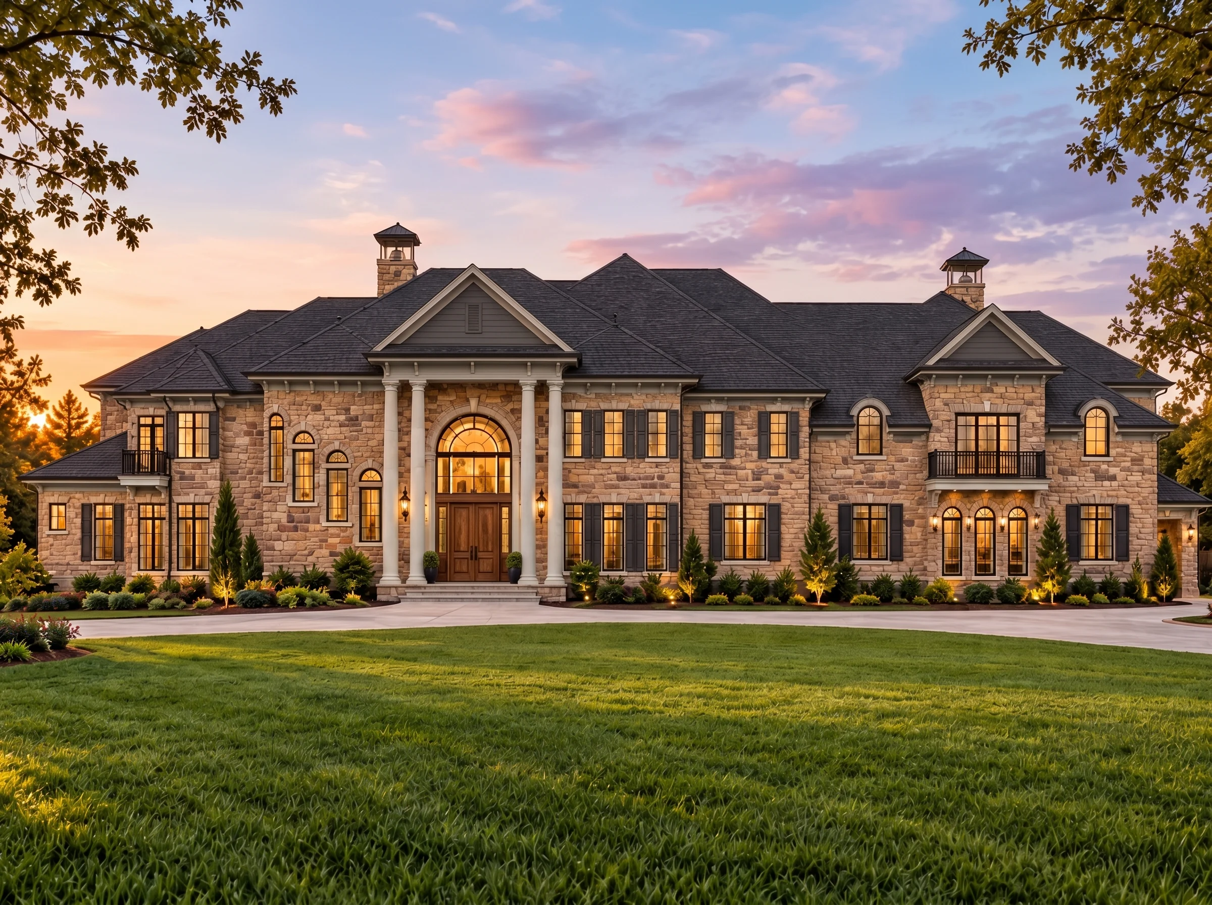 Plan  14-1217 – Auburn Crossing Hall  | Neoclassical – 5-Bed, 5-Bath, 15,195 SF - Warm Charcoal, AI-generated exterior concept