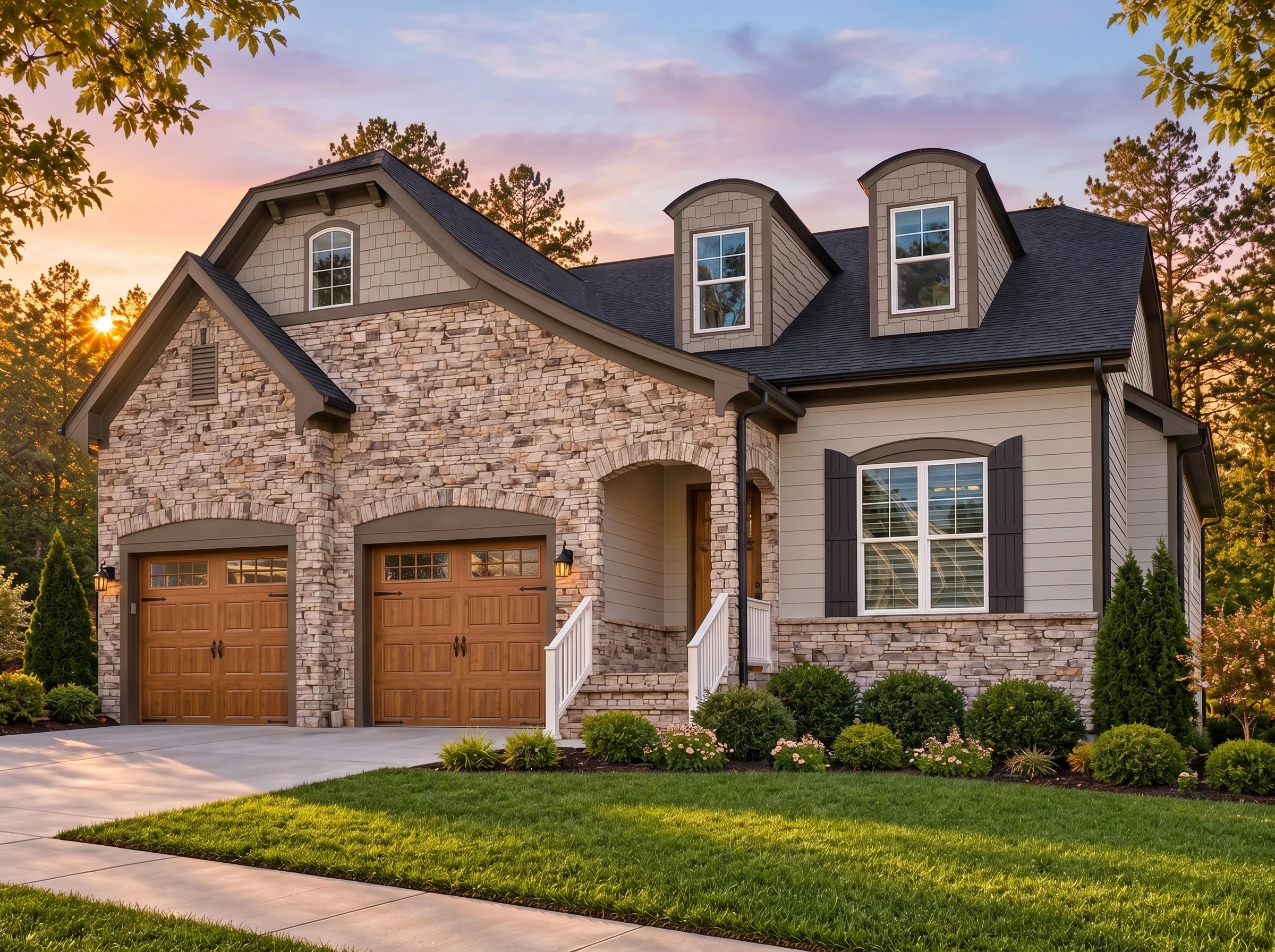 Plan  14-1214 – Auburn Bluff Residence  | French Country – 4-Bed, 4-Bath, 2,777 SF - Mushroom Taupe, AI-generated exterior concept