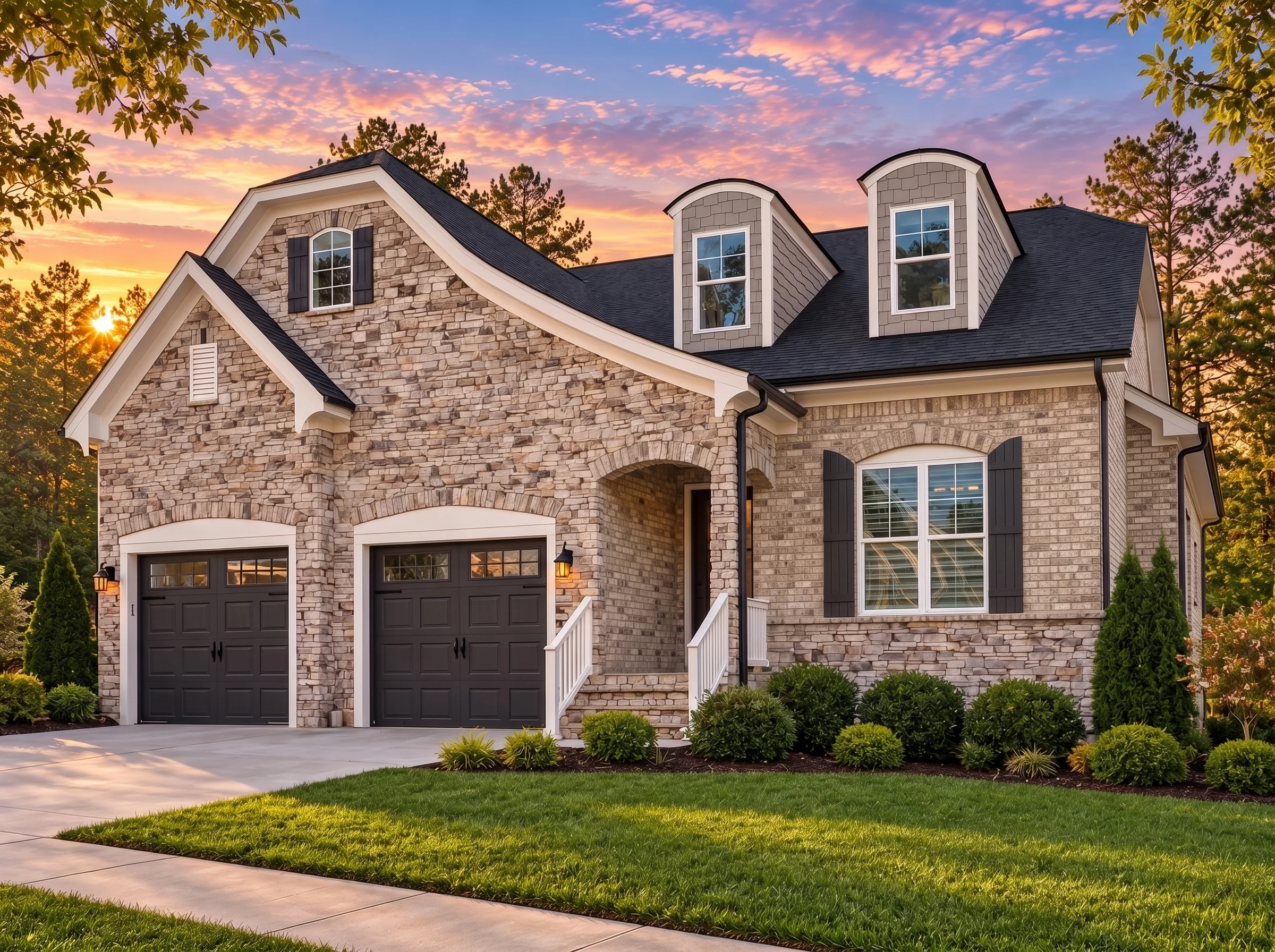 Plan  14-1214 – Auburn Bluff Residence  | French Country – 4-Bed, 4-Bath, 2,777 SF - Natural Brick, AI-generated exterior concept