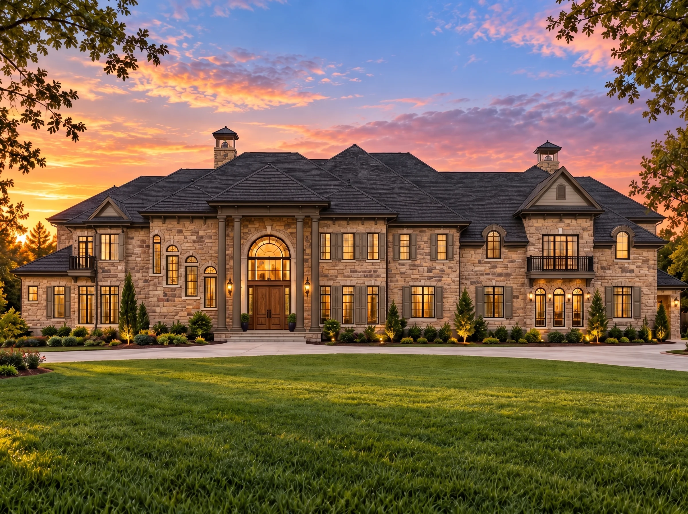 Plan  14-1217 – Auburn Crossing Hall  | Neoclassical – 5-Bed, 5-Bath, 15,195 SF - Mushroom Taupe, AI-generated exterior concept