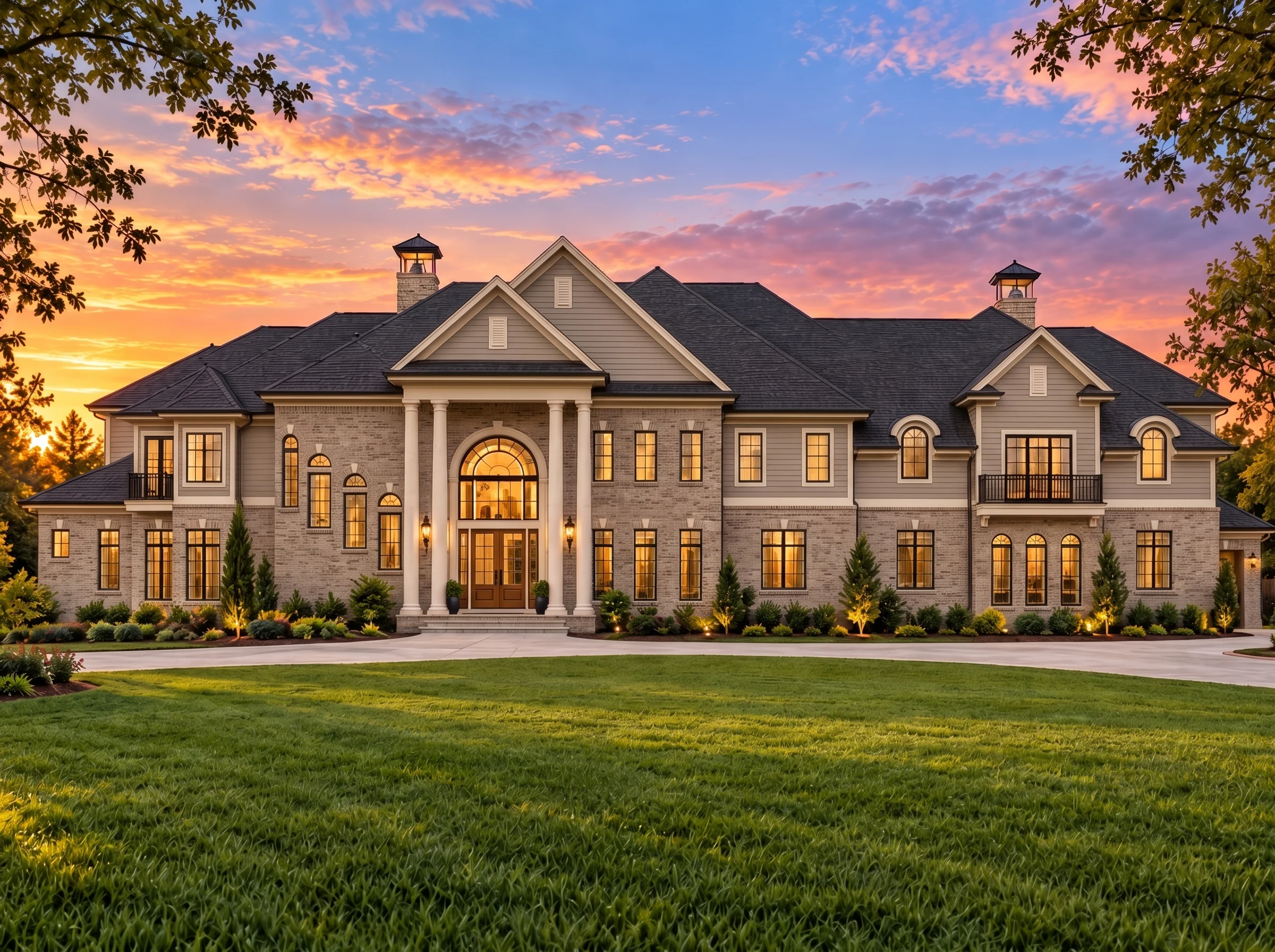 Plan  14-1217 – Auburn Crossing Hall  | Neoclassical – 5-Bed, 5-Bath, 15,195 SF - Natural Brick, AI-generated exterior concept