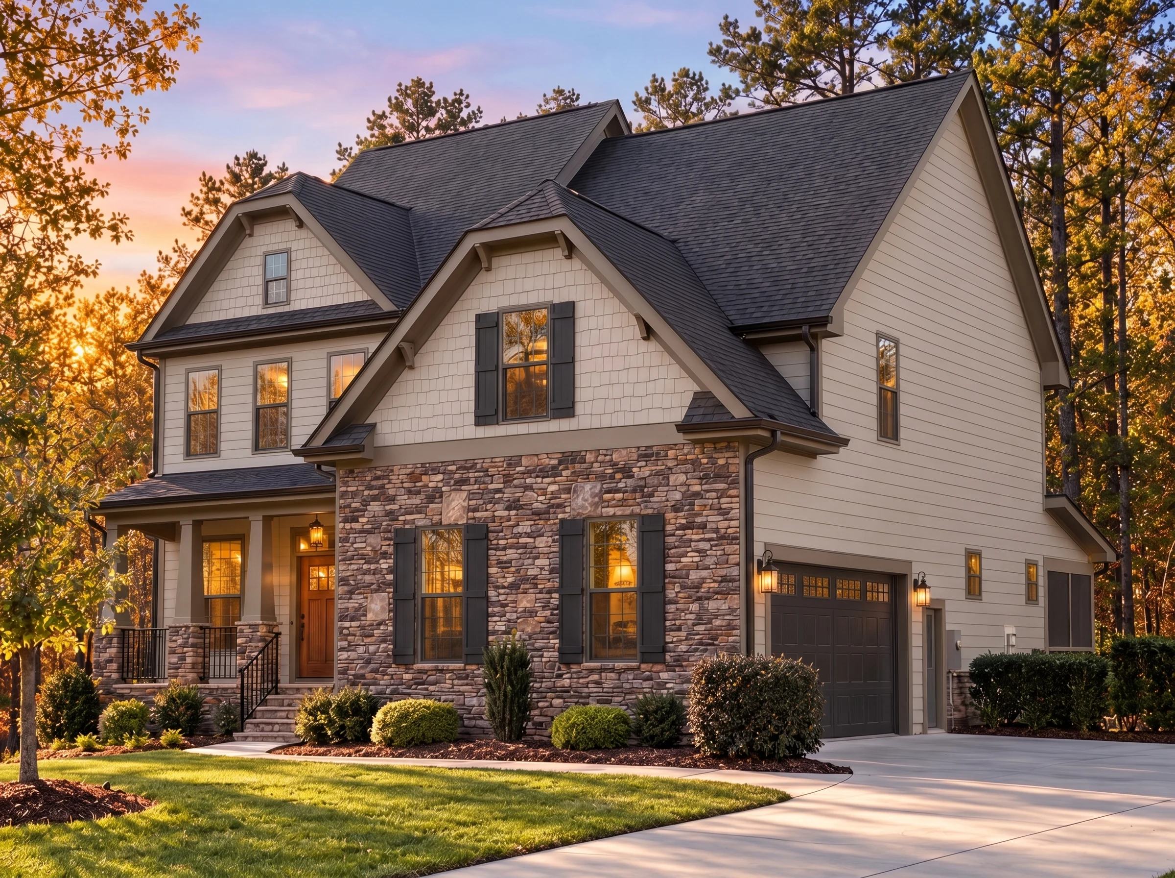 Plan  14-1249 – Onyx Contractors |  New American – 3-Bed, 2.5-Bath, 2,650 SF - Mushroom Taupe, AI-generated exterior concept