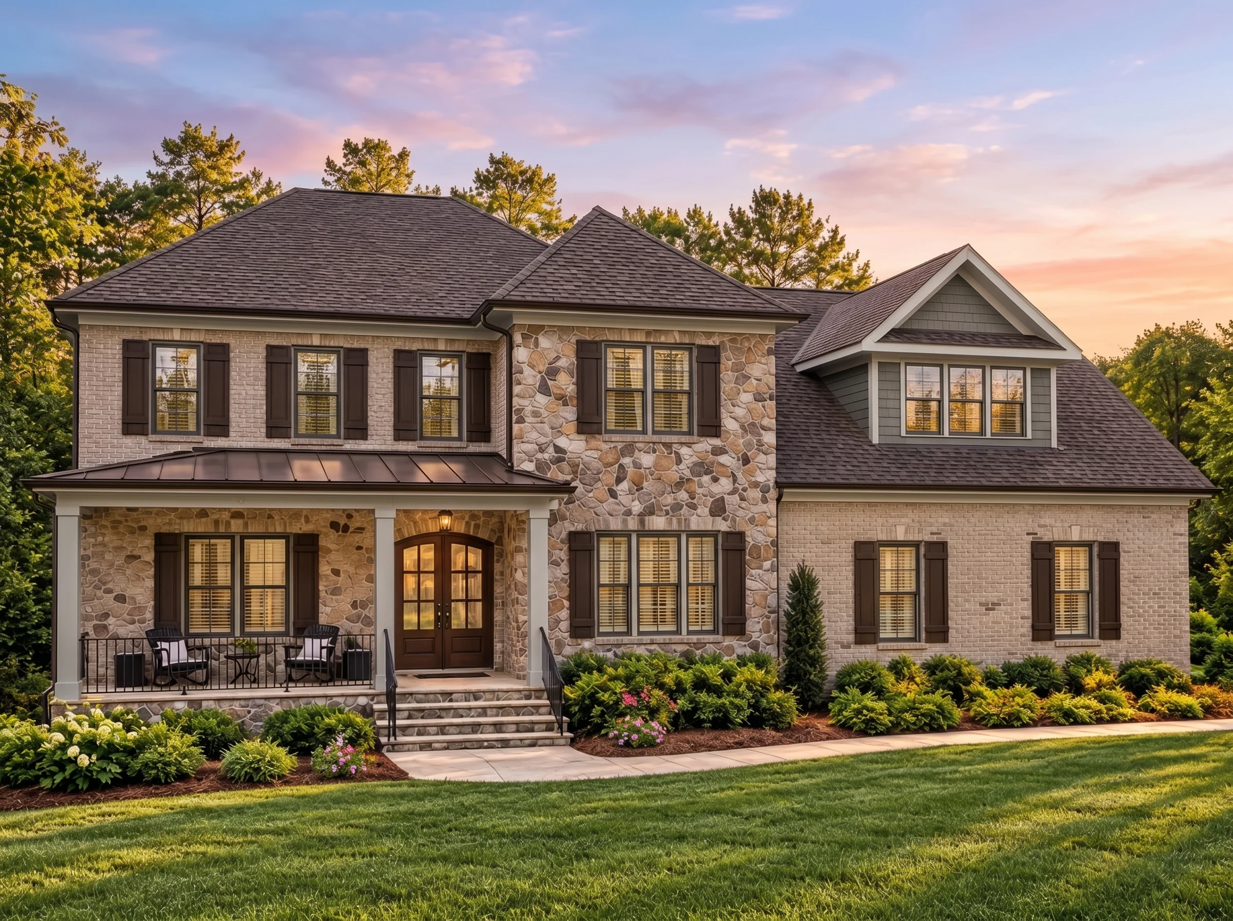 Plan  14-1312 – Beechwood Run Retreat  | Traditional Colonial Revival – 4-Bed, 4.5-Bath, 6,000 SF - Warm Charcoal, AI-generated exterior concept