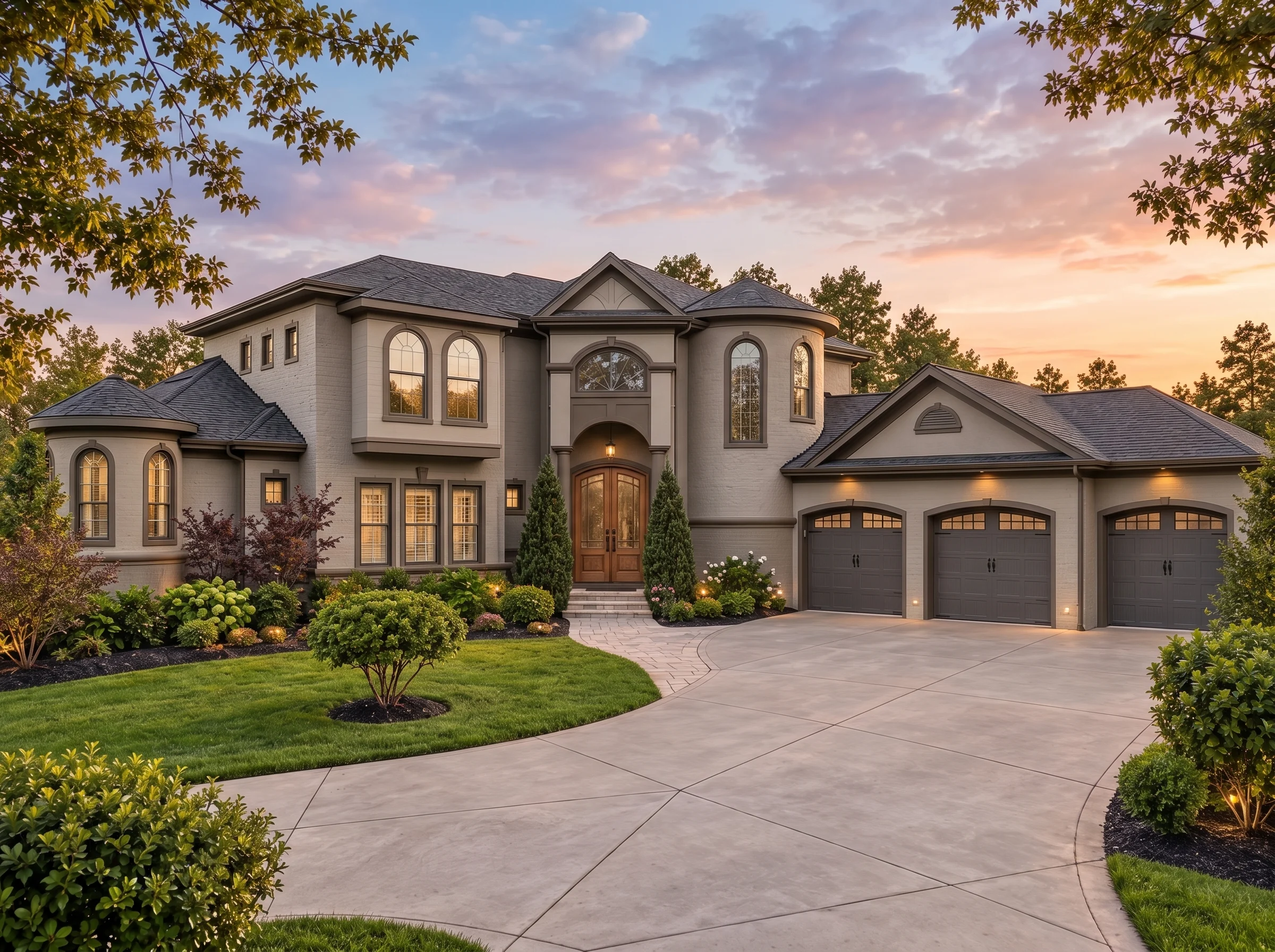 Plan  14-1310 – Auburn Creek House |  Neo-Classical – 3-Bed, 3.5-Bath, 3,782 SF - Mushroom Taupe, AI-generated exterior concept