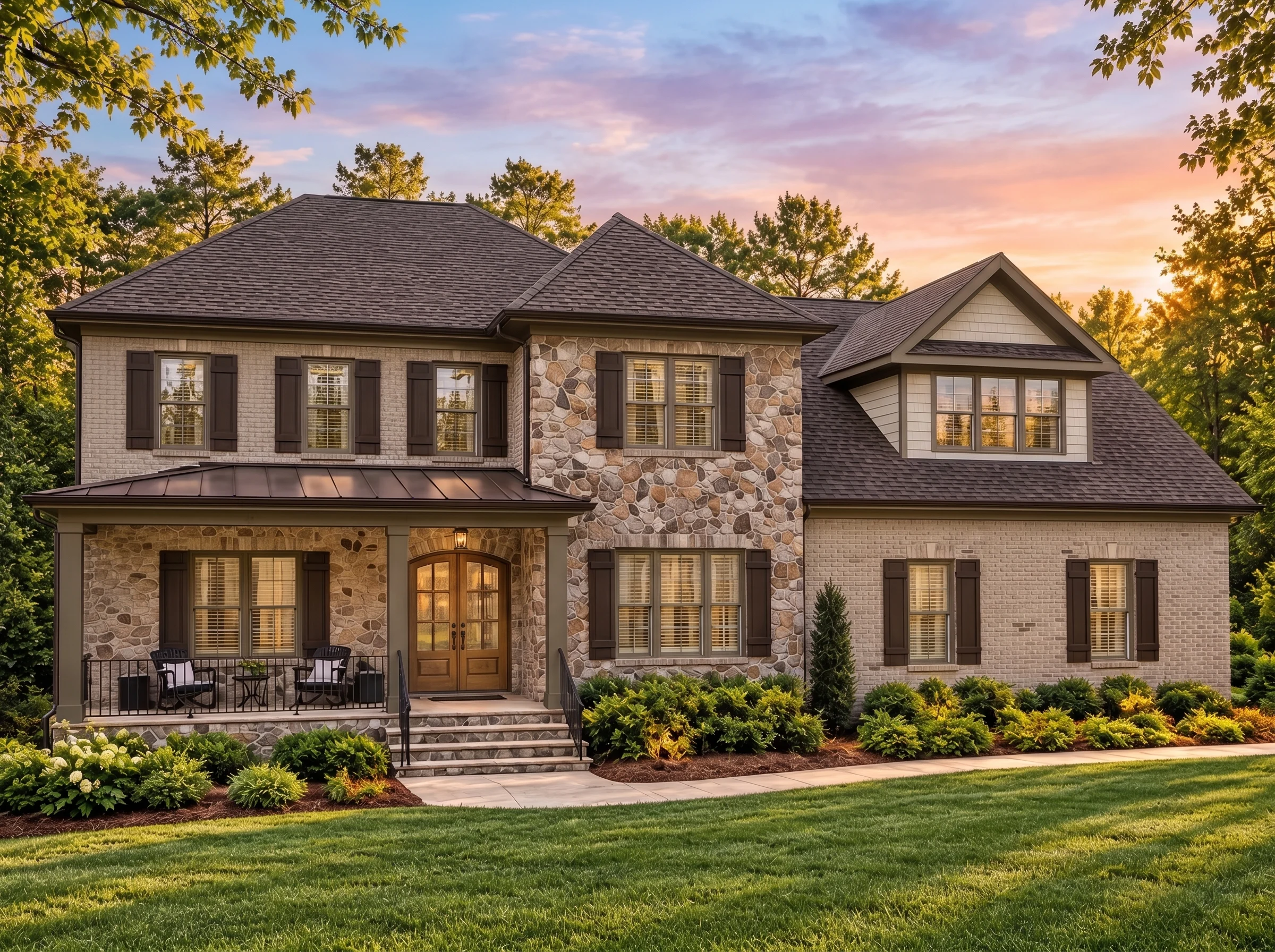Plan  14-1312 – Beechwood Run Retreat  | Traditional Colonial Revival – 4-Bed, 4.5-Bath, 6,000 SF - Mushroom Taupe, AI-generated exterior concept