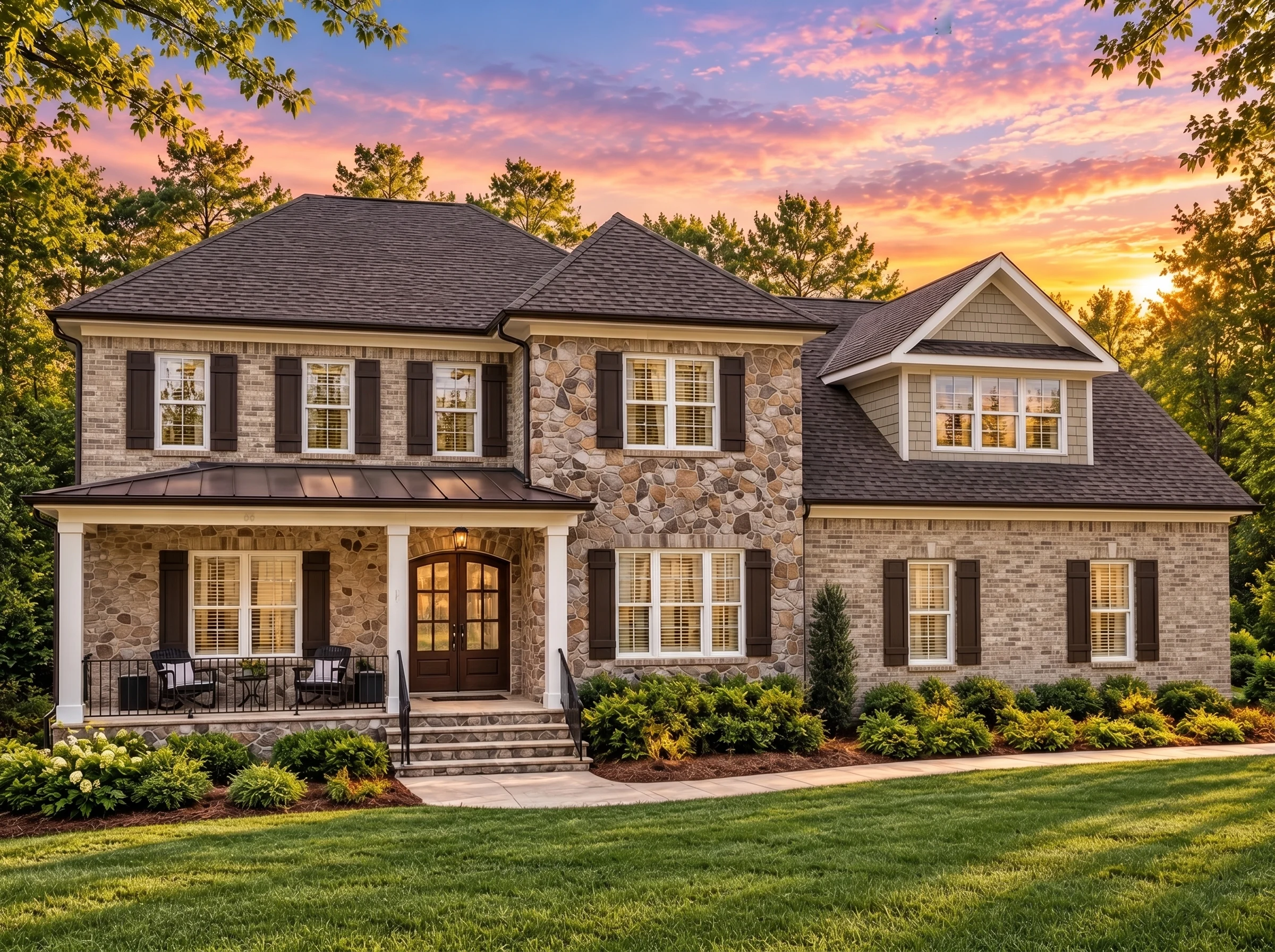 Plan  14-1312 – Beechwood Run Retreat  | Traditional Colonial Revival – 4-Bed, 4.5-Bath, 6,000 SF - Natural Brick, AI-generated exterior concept