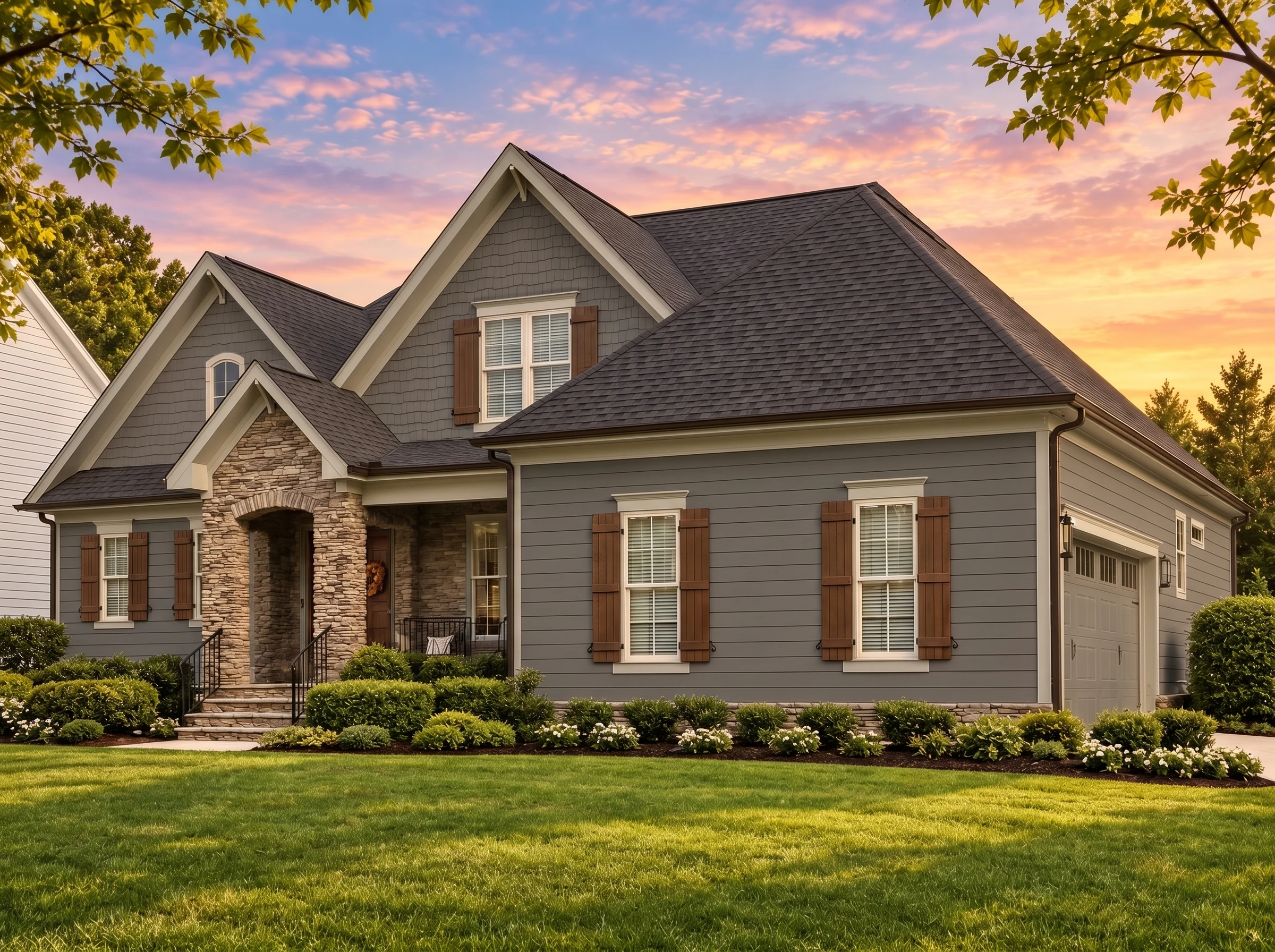 Plan  14-1327 – Oak Dene | New  American – 4-Bed, 3.5-Bath, 2,625 SF - Warm Charcoal, AI-generated exterior concept