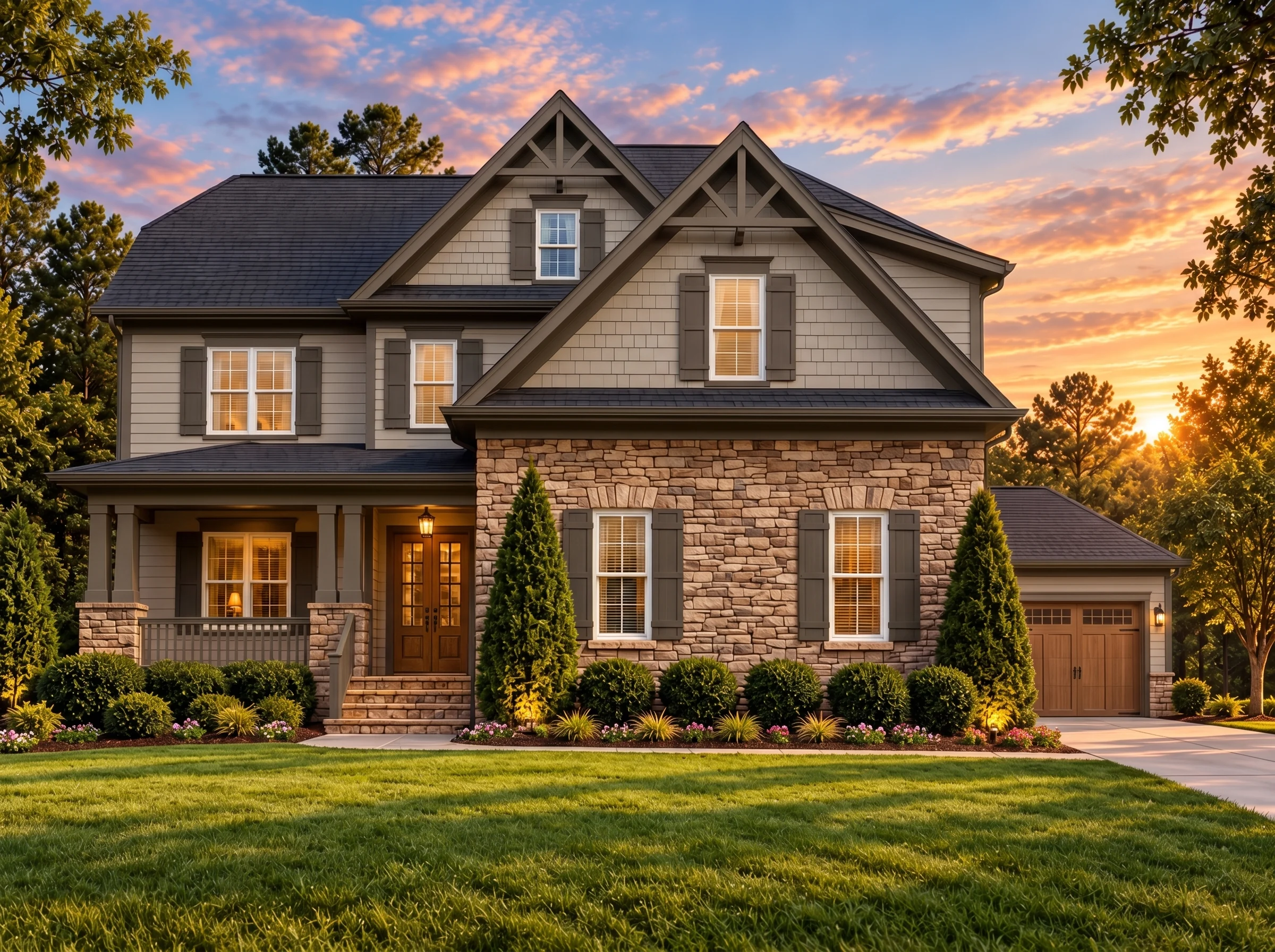 Plan  14-1336 – Auburn Field House |  New American – 4-Bed, 5-Bath, 3,032 SF - Mushroom Taupe, AI-generated exterior concept