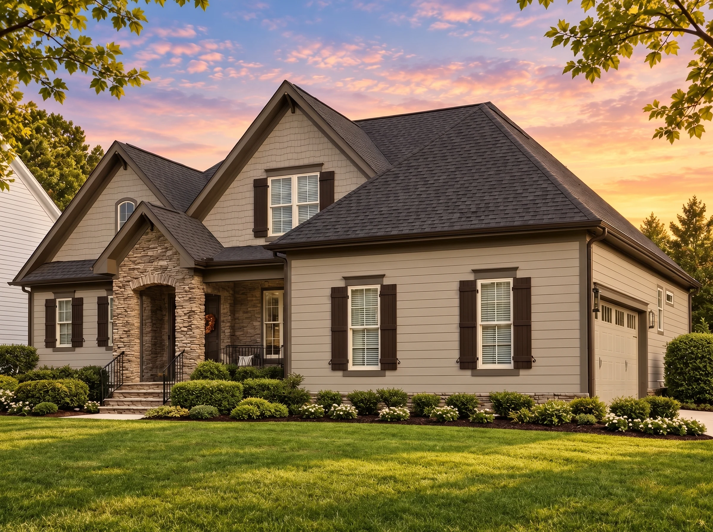 Plan  14-1327 – Oak Dene | New  American – 4-Bed, 3.5-Bath, 2,625 SF - Mushroom Taupe, AI-generated exterior concept