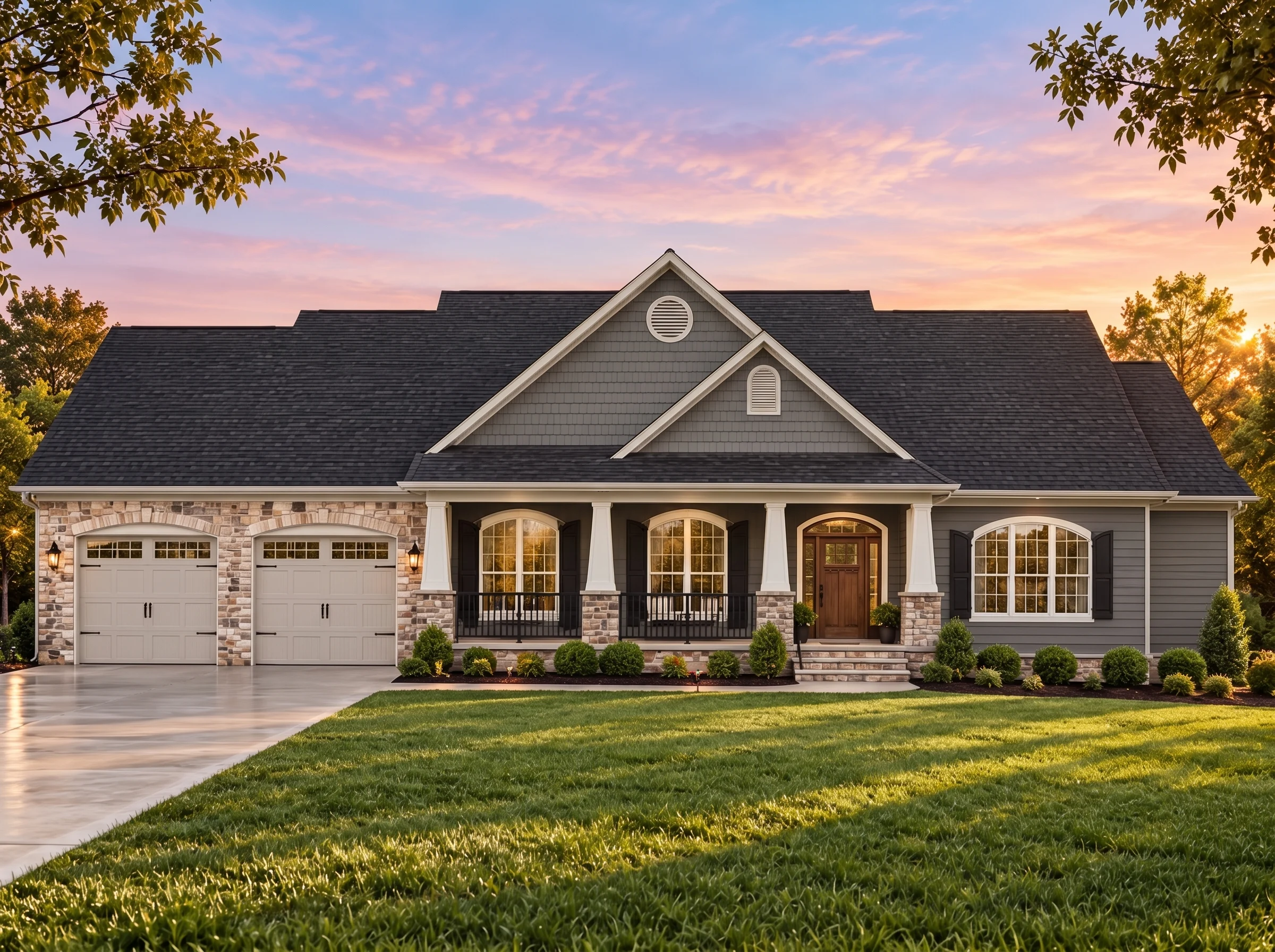 Plan  14-1435 – Oaklands |  Traditional Ranch – 3-Bed, 3.5-Bath, 2,314 SF - Warm Charcoal, AI-generated exterior concept