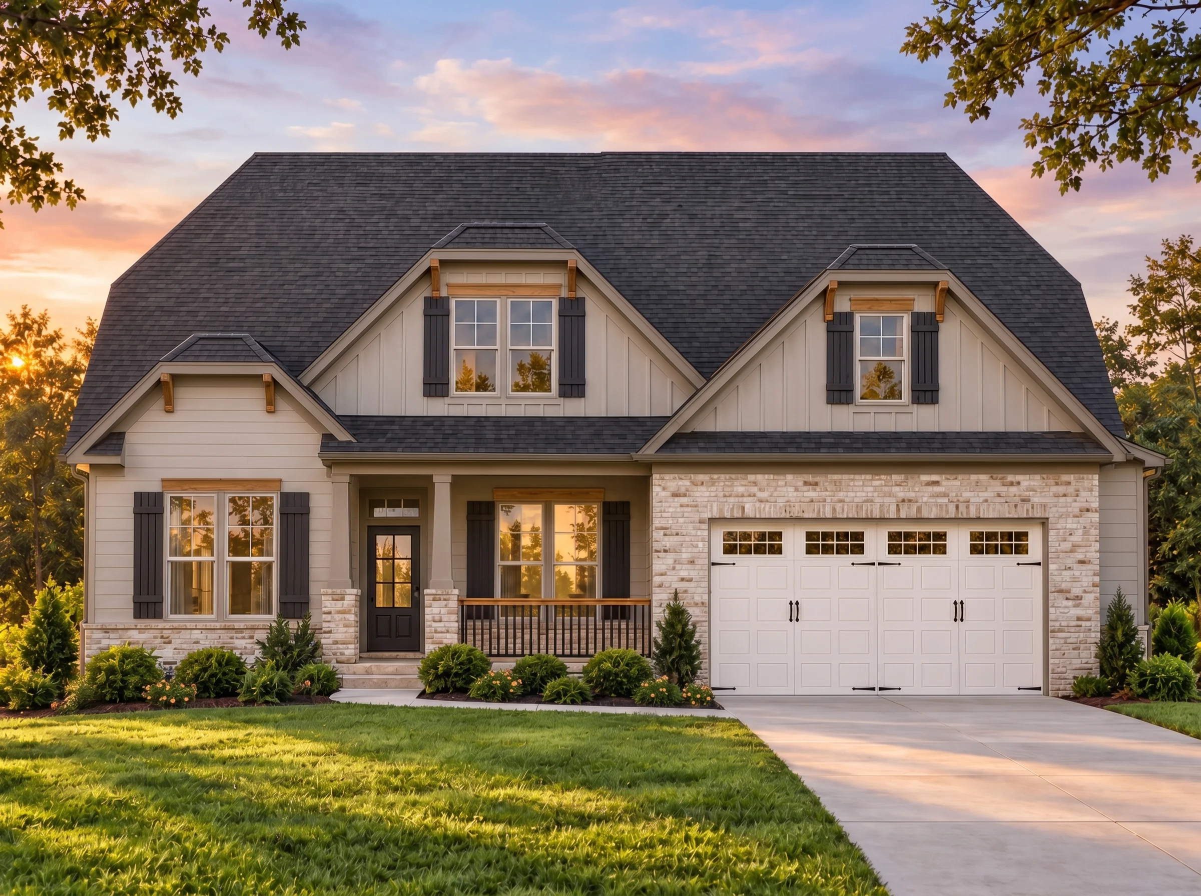 Plan  14-1439 – Yew Tree Brook Cottage  | New American – 4-Bed, 3.5-Bath, 2,712 SF - Mushroom Taupe, AI-generated exterior concept
