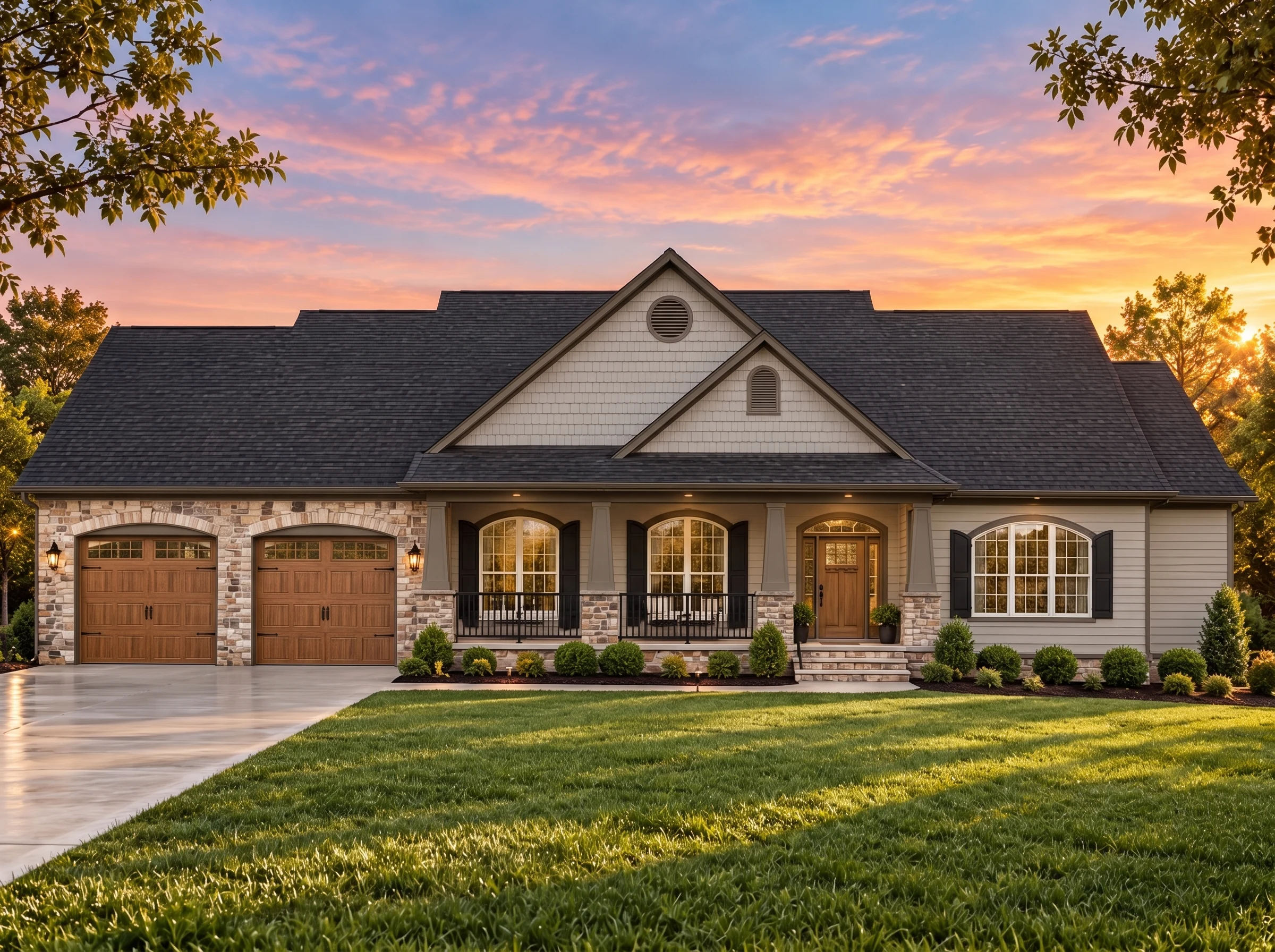 Plan  14-1435 – Oaklands |  Traditional Ranch – 3-Bed, 3.5-Bath, 2,314 SF - Mushroom Taupe, AI-generated exterior concept
