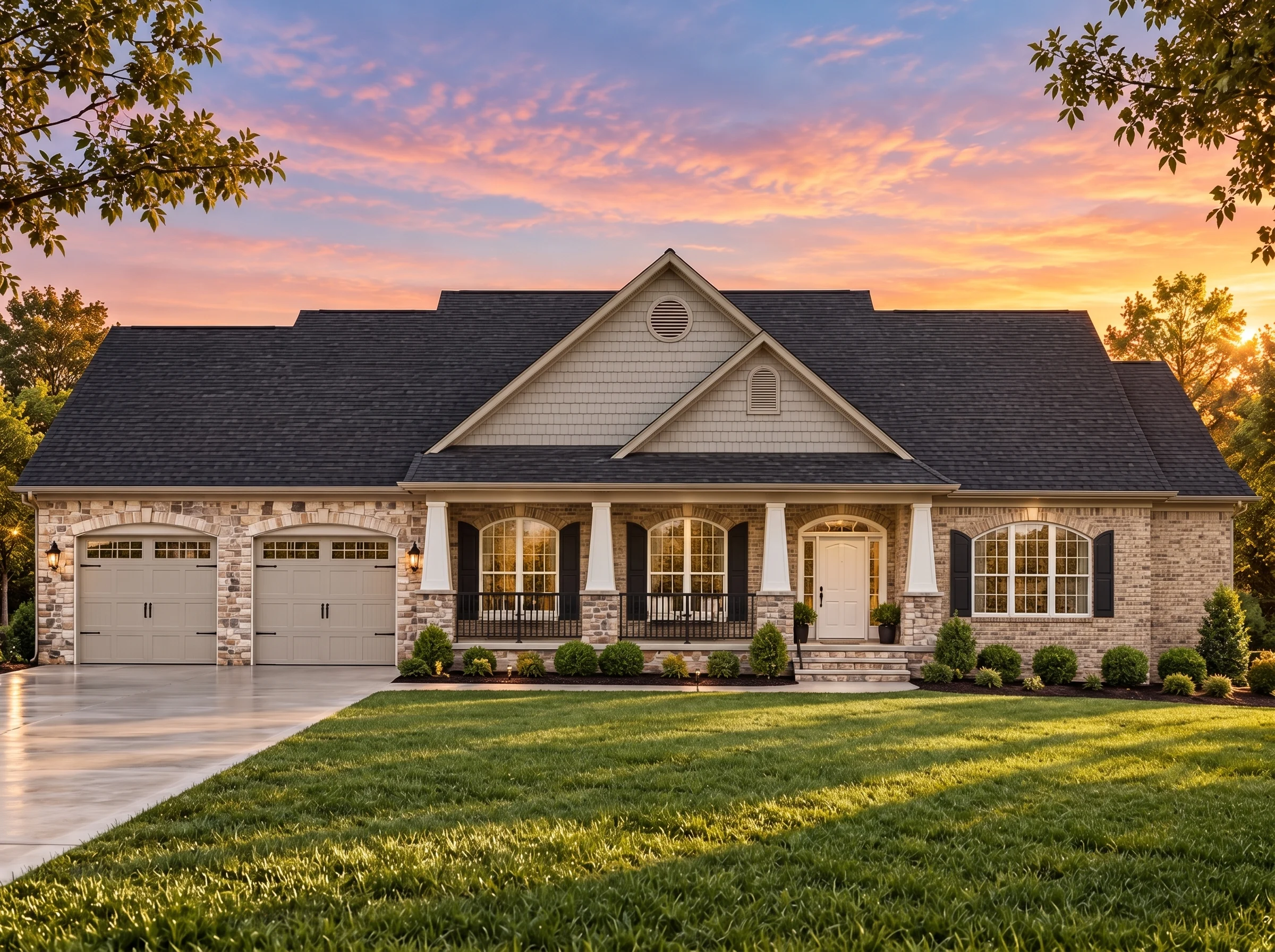 Plan  14-1435 – Oaklands |  Traditional Ranch – 3-Bed, 3.5-Bath, 2,314 SF - Natural Brick, AI-generated exterior concept