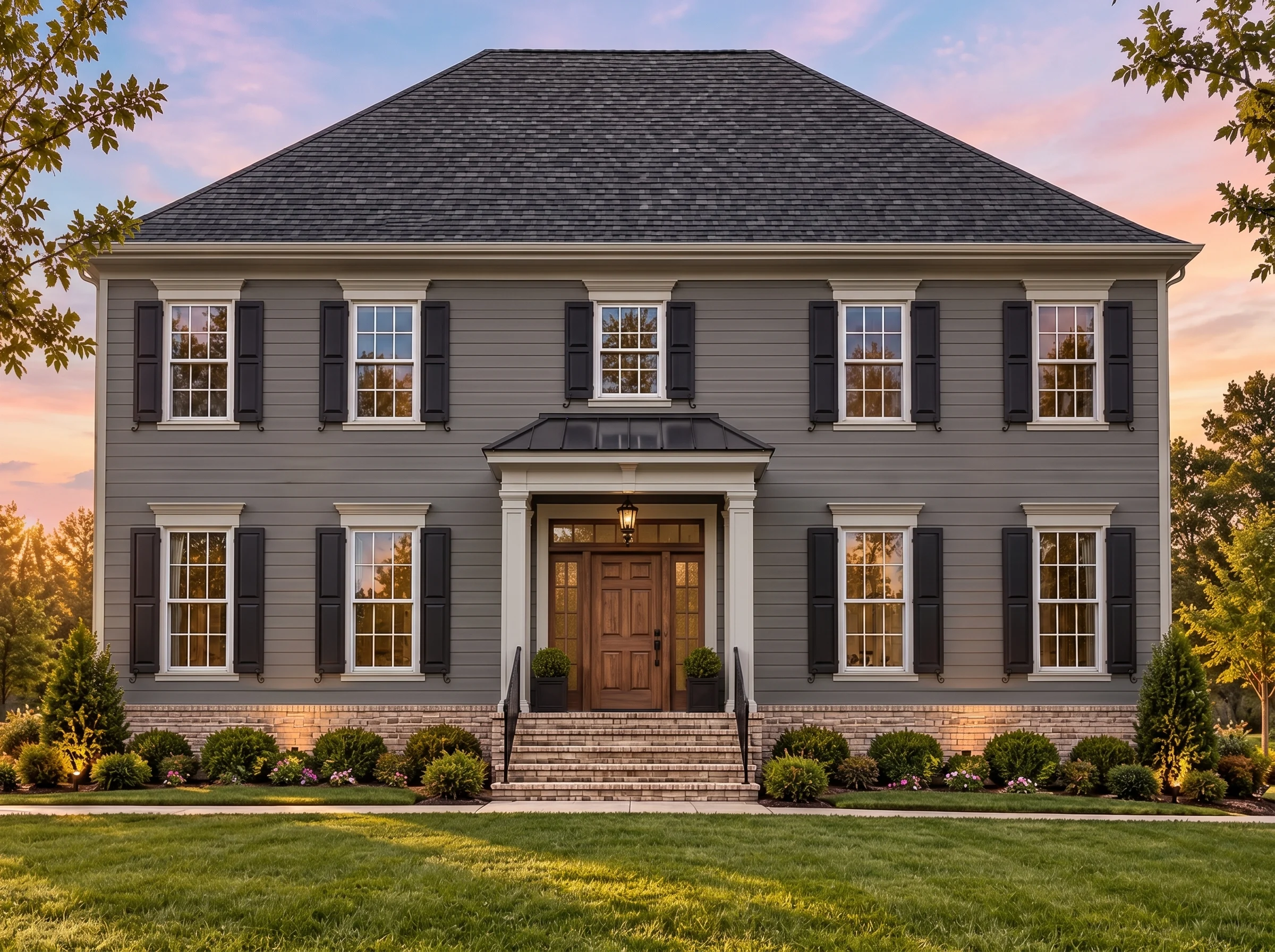 Plan  14-1428 – Holmeswood |  Colonial Revival - Warm Charcoal, AI-generated exterior concept