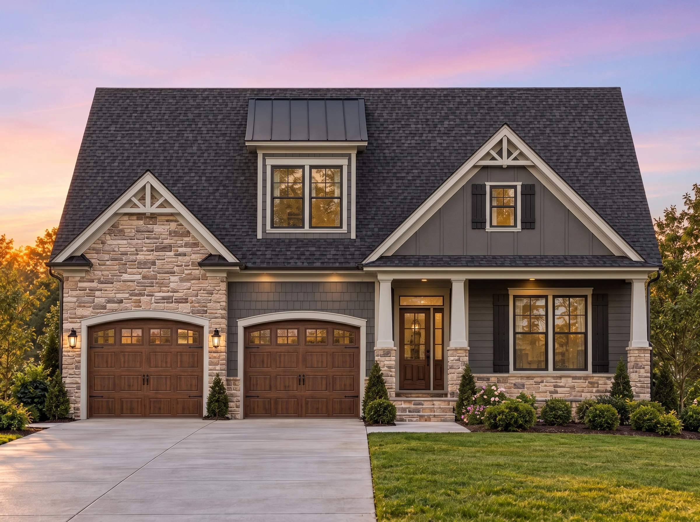 Plan  14-1410 – Spruce Bluff Retreat  | Modern Farmhouse – 3-Bed, 3.5-Bath, 2,681 SF - Warm Charcoal, AI-generated exterior concept