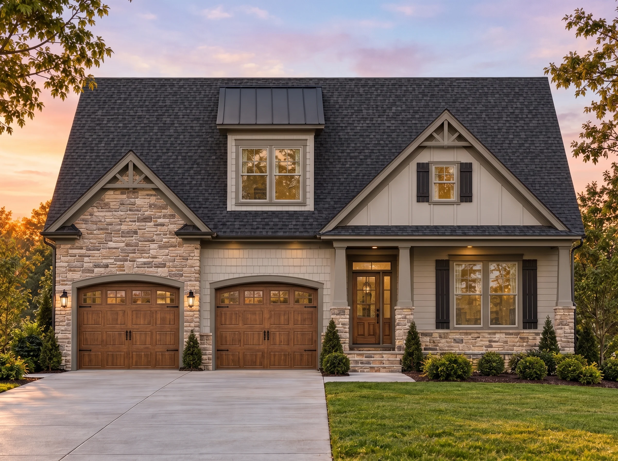 Plan  14-1410 – Spruce Bluff Retreat  | Modern Farmhouse – 3-Bed, 3.5-Bath, 2,681 SF - Mushroom Taupe, AI-generated exterior concept