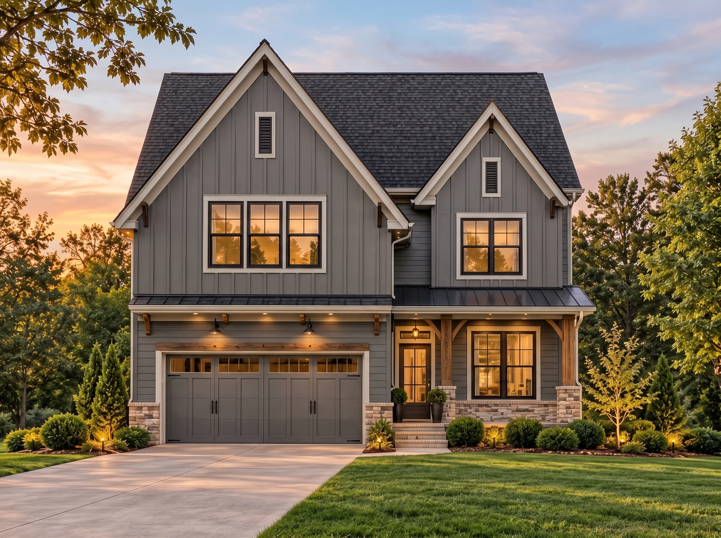 Plan  14-1465 – Elm Point House |  Modern Farmhouse – 3-Bed, 3.5-Bath, 5,496 SF - Warm Charcoal, AI-generated exterior concept