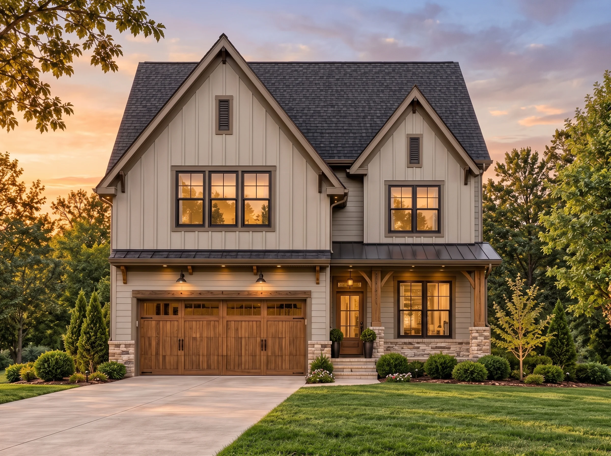Plan  14-1465 – Elm Point House |  Modern Farmhouse – 3-Bed, 3.5-Bath, 5,496 SF - Mushroom Taupe, AI-generated exterior concept