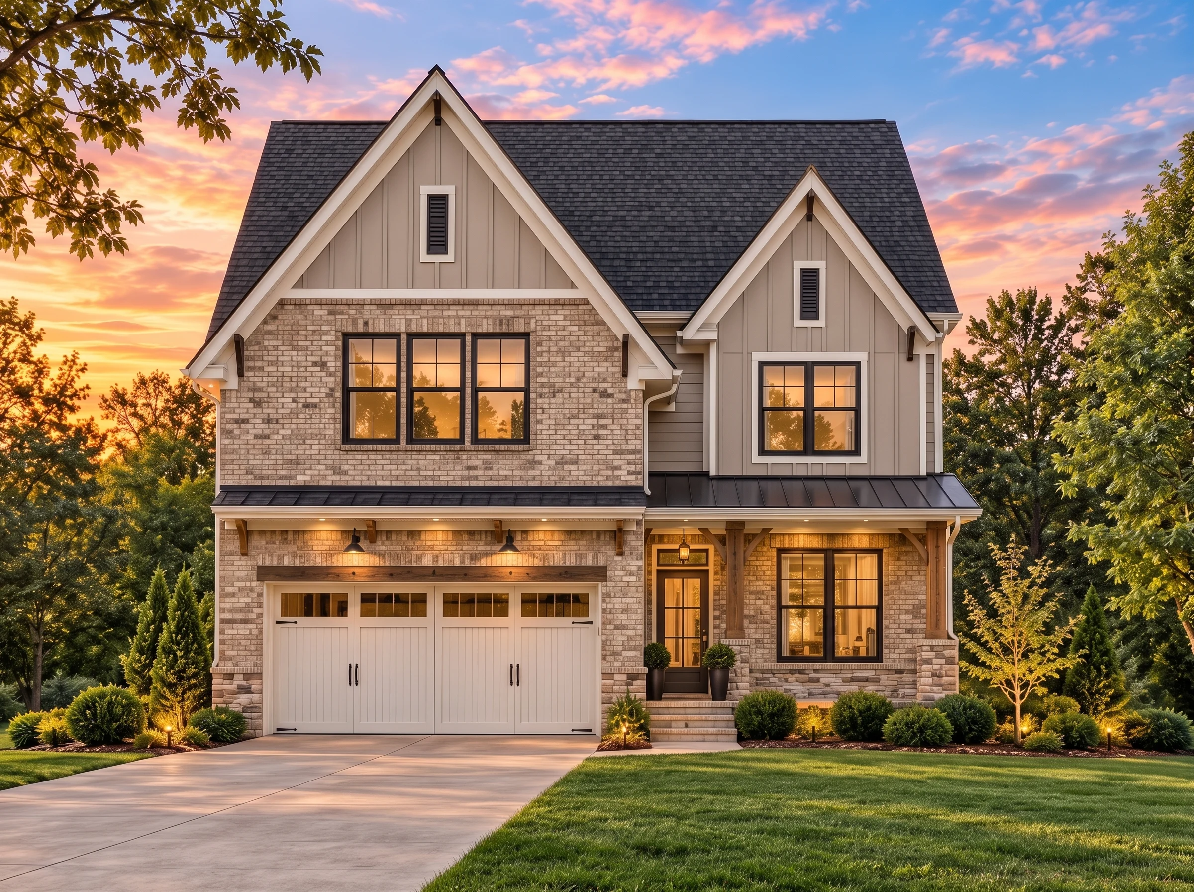 Plan  14-1465 – Elm Point House |  Modern Farmhouse – 3-Bed, 3.5-Bath, 5,496 SF - Natural Brick, AI-generated exterior concept