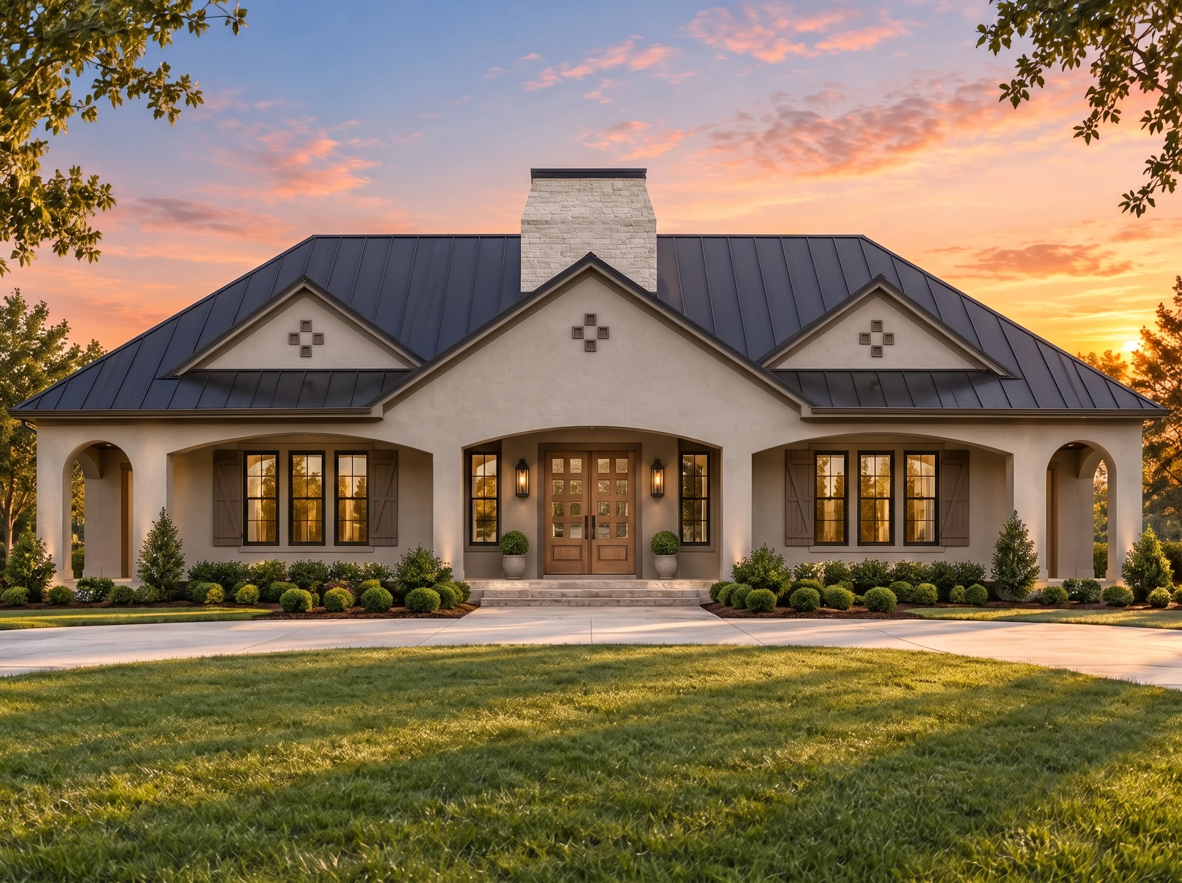Plan  14-1543 – Helena Homestead |  Modern French – 3-Bed, 2-Bath, 2,518 SF - Mushroom Taupe, AI-generated exterior concept