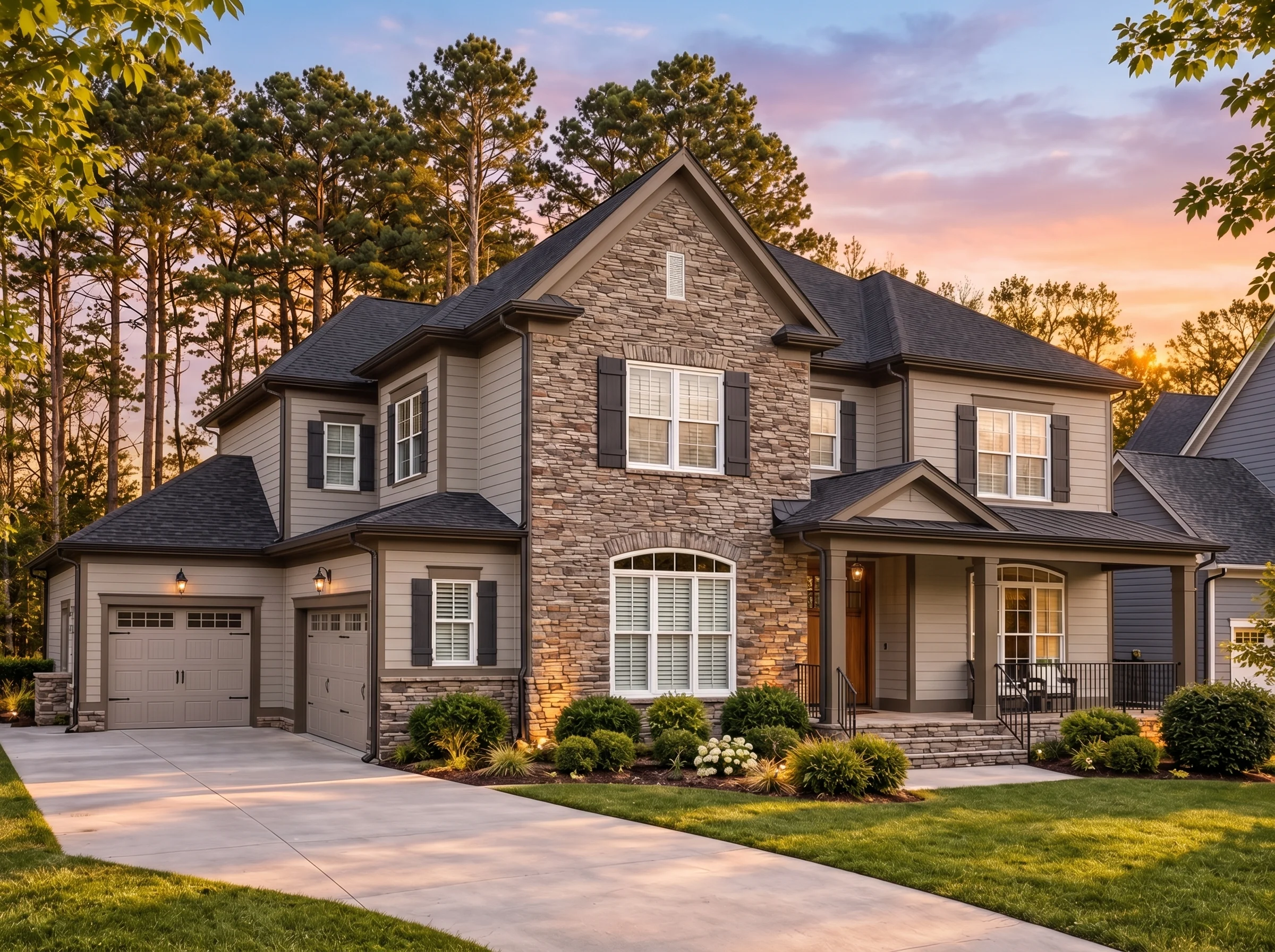 Plan  14-1545 – Auburn Grove Villa |  New American – 4-Bed, 4.5-Bath, 4,112 SF - Mushroom Taupe, AI-generated exterior concept