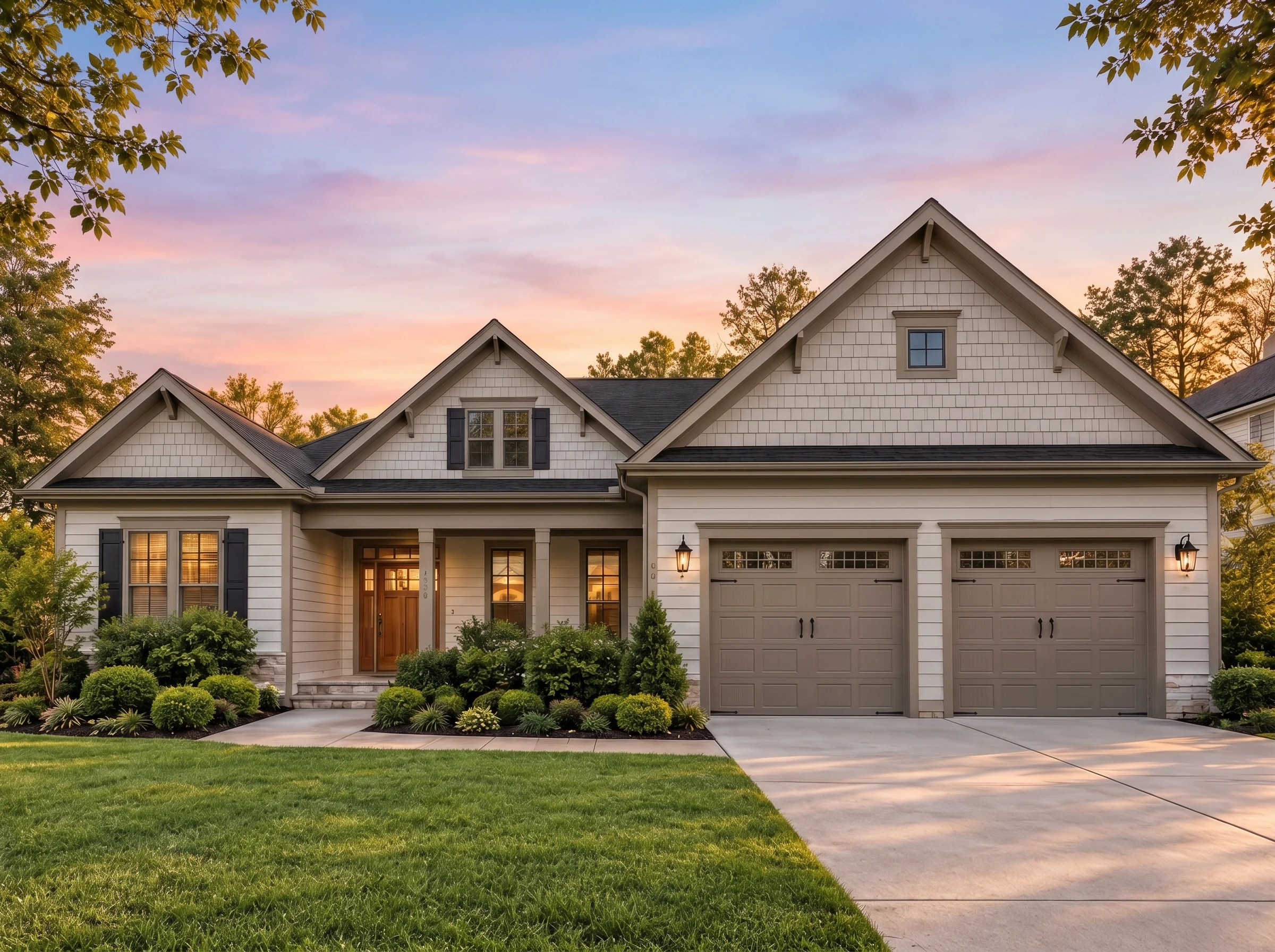 Plan  14-1548 – Auburn Field Estate  | New American – 4-Bed, 3-Bath, 2,010 SF - Mushroom Taupe, AI-generated exterior concept