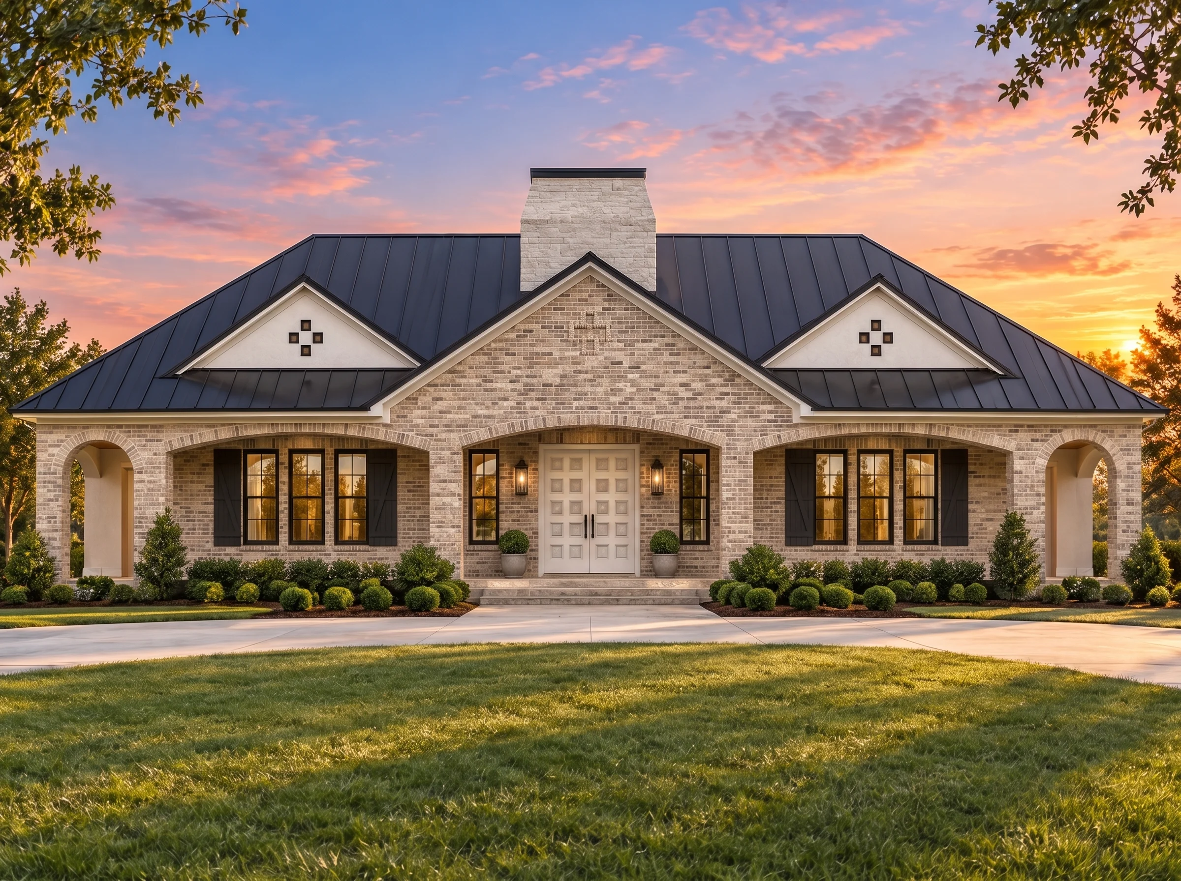 Plan  14-1543 – Helena Homestead |  Modern French – 3-Bed, 2-Bath, 2,518 SF - Natural Brick, AI-generated exterior concept