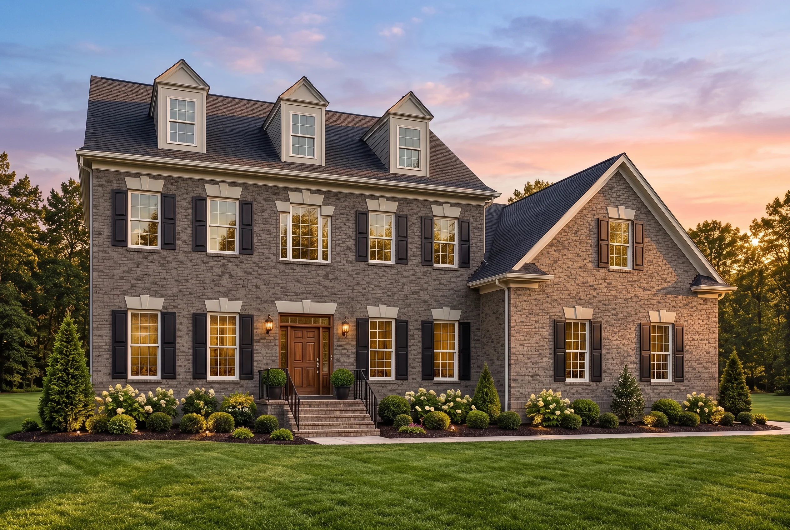 Plan  14-1491 – Birch Creek Estate |  Traditional Colonial – 4-Bed, 4-Bath, 3,863 SF - Warm Charcoal, AI-generated exterior concept