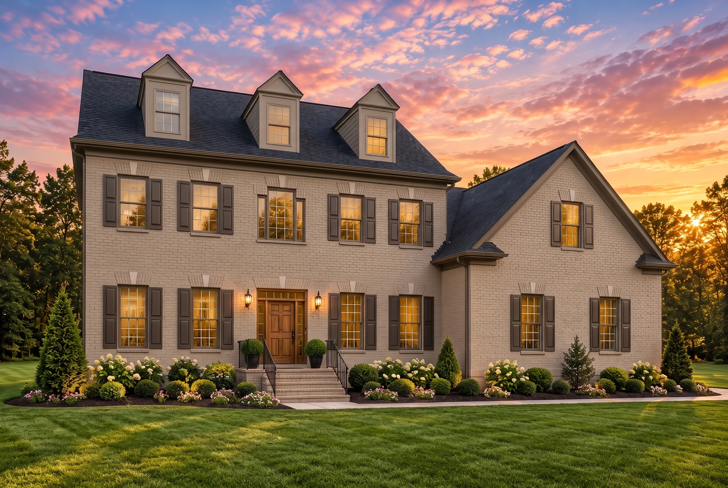 Plan  14-1491 – Birch Creek Estate |  Traditional Colonial – 4-Bed, 4-Bath, 3,863 SF - Mushroom Taupe, AI-generated exterior concept