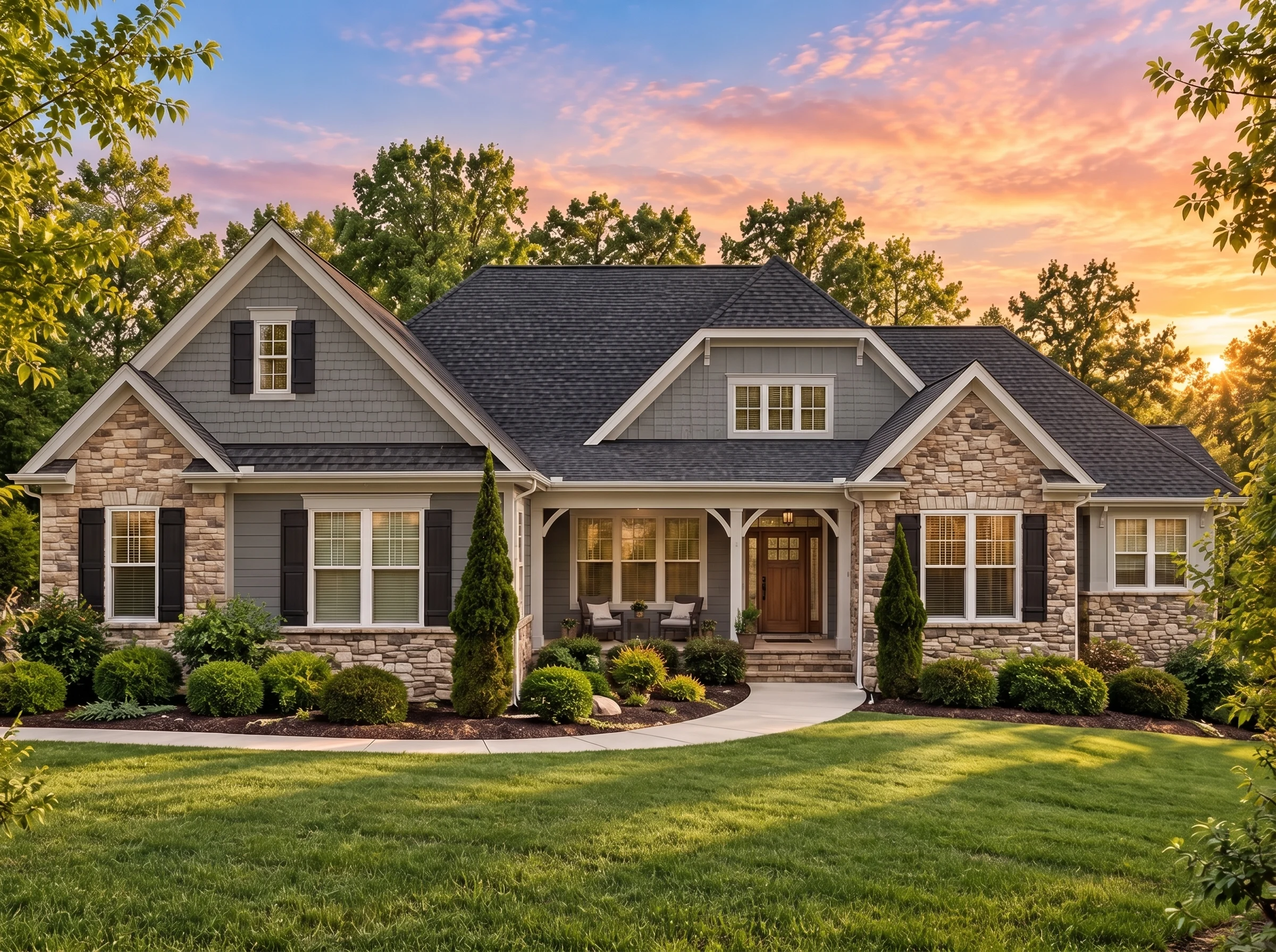 Plan  14-1467 – Aster Terrace Estate  | Traditional – 5-Bed, 4-Bath, 3,797 SF - Warm Charcoal, AI-generated exterior concept