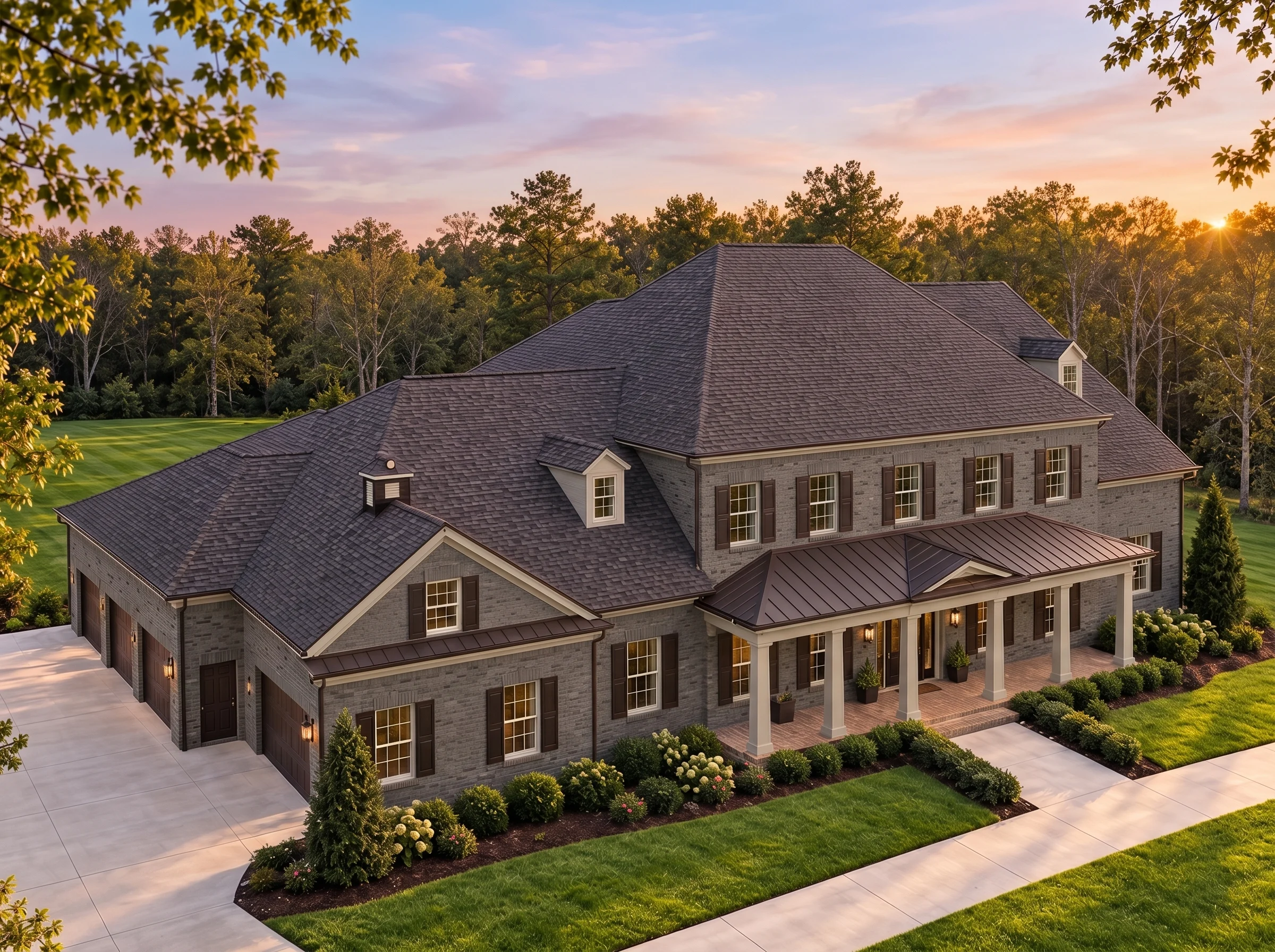 Plan  14-1455 – Oak Valley Homestead  | Neo-Colonial – 5-Bed, 5-Bath, 5,203 SF - Warm Charcoal, AI-generated exterior concept