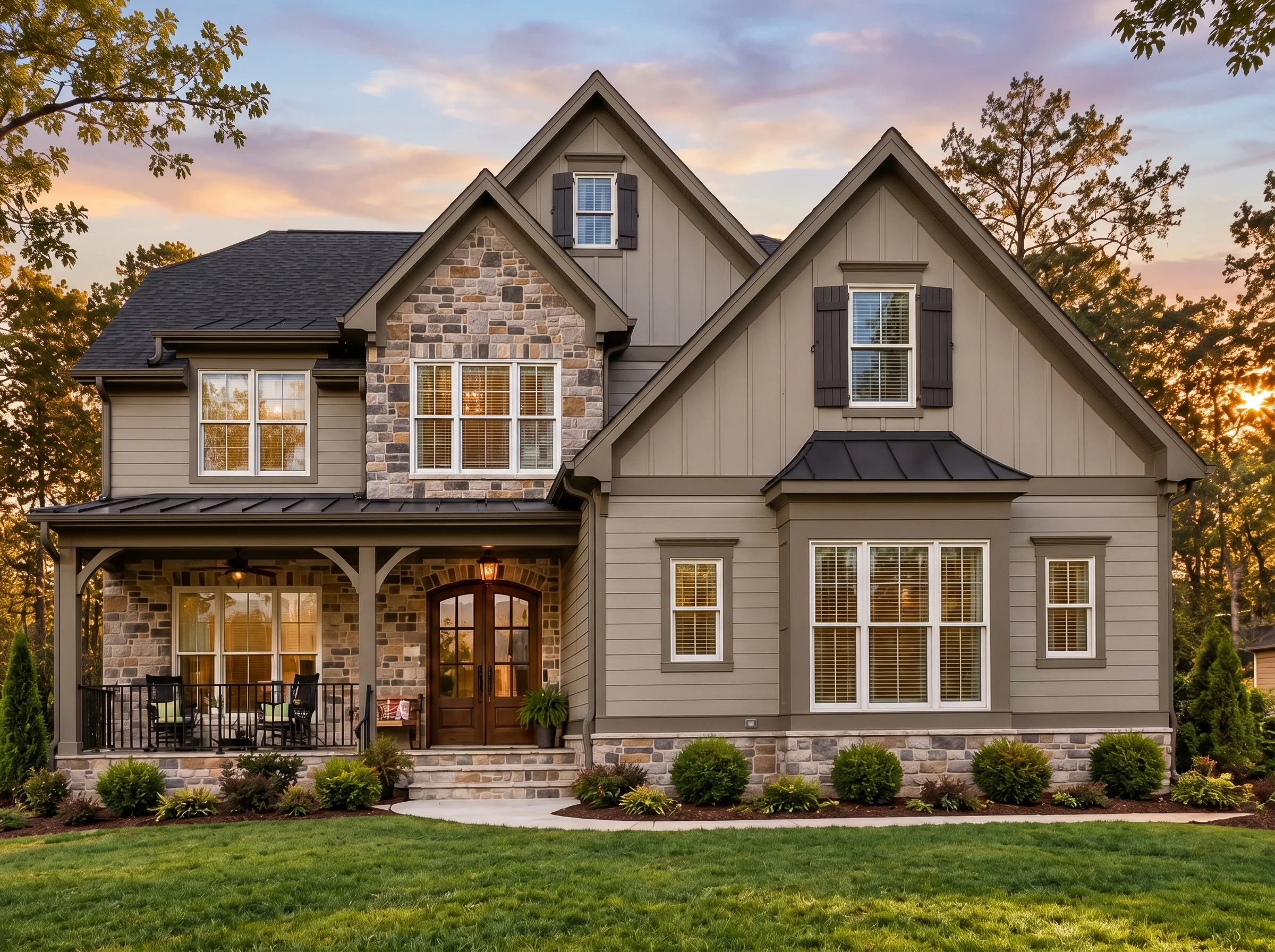 Plan  14-1461 – Maple Grove Manor |  New American – 5-Bed, 5-Bath, 4,314 SF - Mushroom Taupe, AI-generated exterior concept