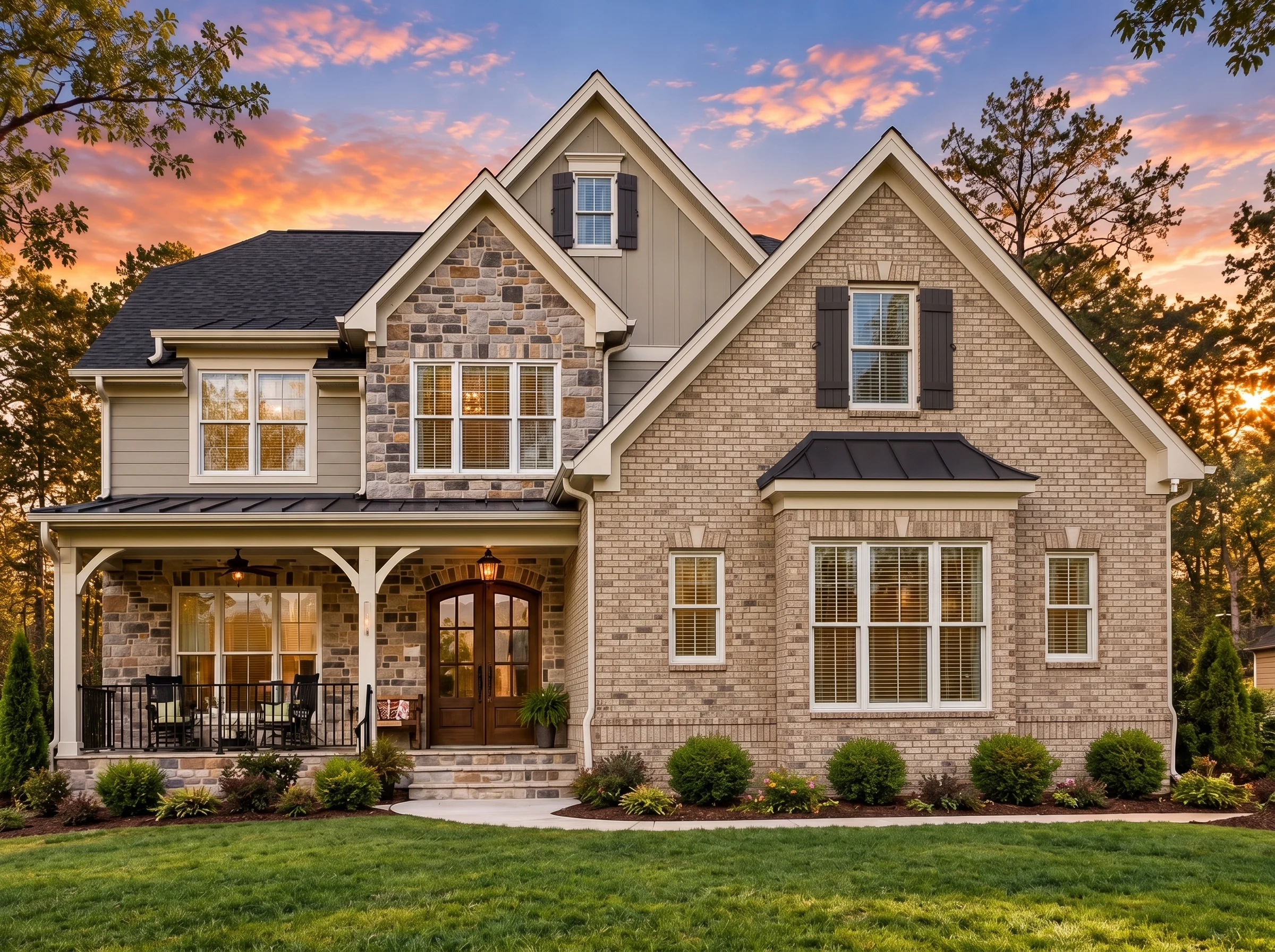 Plan  14-1461 – Maple Grove Manor |  New American – 5-Bed, 5-Bath, 4,314 SF - Natural Brick, AI-generated exterior concept