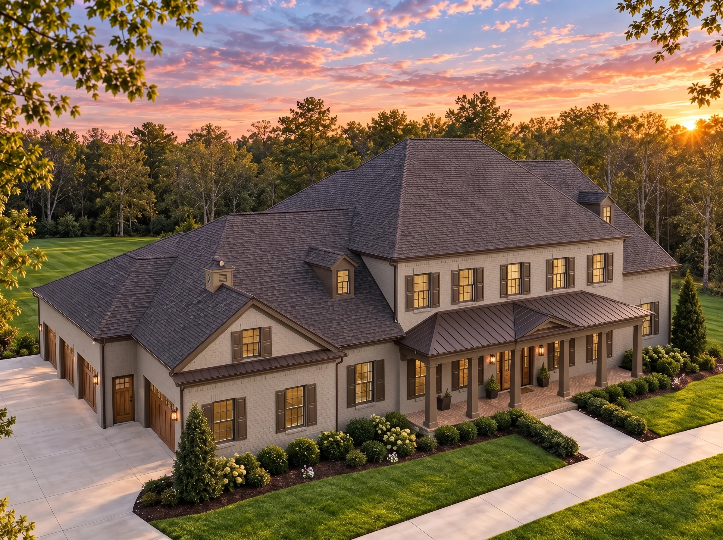 Plan  14-1455 – Oak Valley Homestead  | Neo-Colonial – 5-Bed, 5-Bath, 5,203 SF - Mushroom Taupe, AI-generated exterior concept