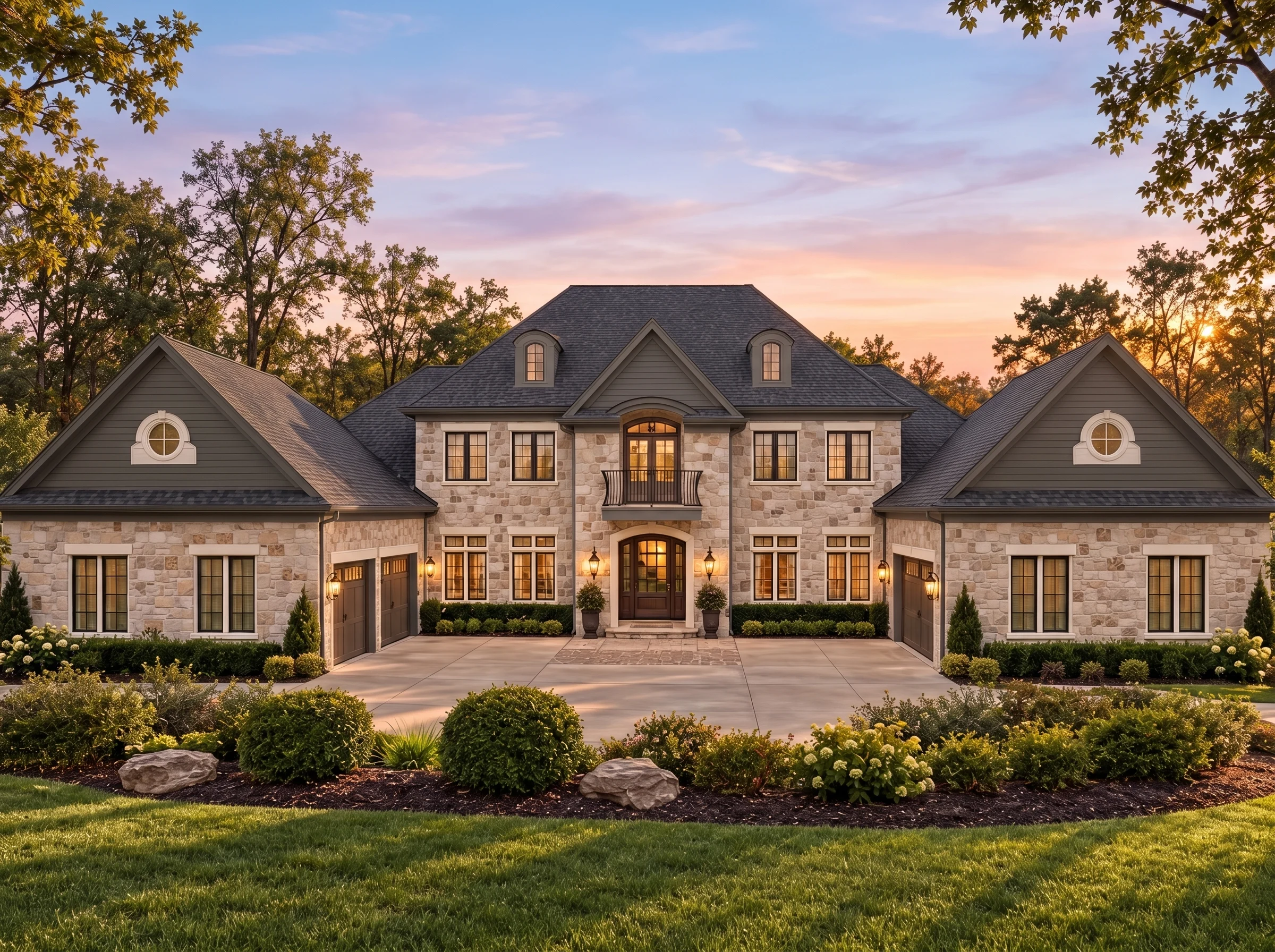Plan  14-1690 – Zone Retreat |  French Country – 6-Bed, 5-Bath, 6,997 SF - Warm Charcoal, AI-generated exterior concept