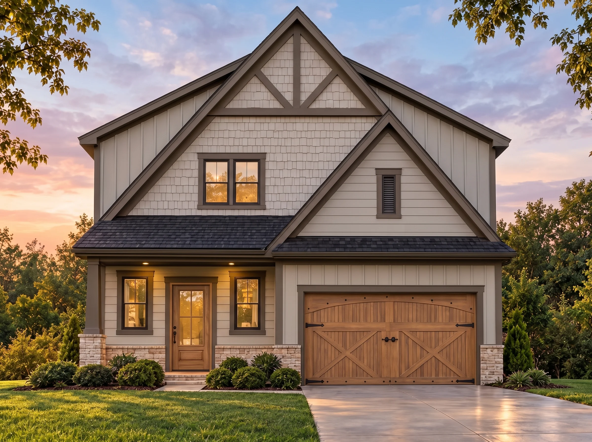 Plan  14-1704 – Pecan Valley Estate  | Traditional Craftsman – 3-Bed, 2.5-Bath, 3,014 SF - Mushroom Taupe, AI-generated exterior concept