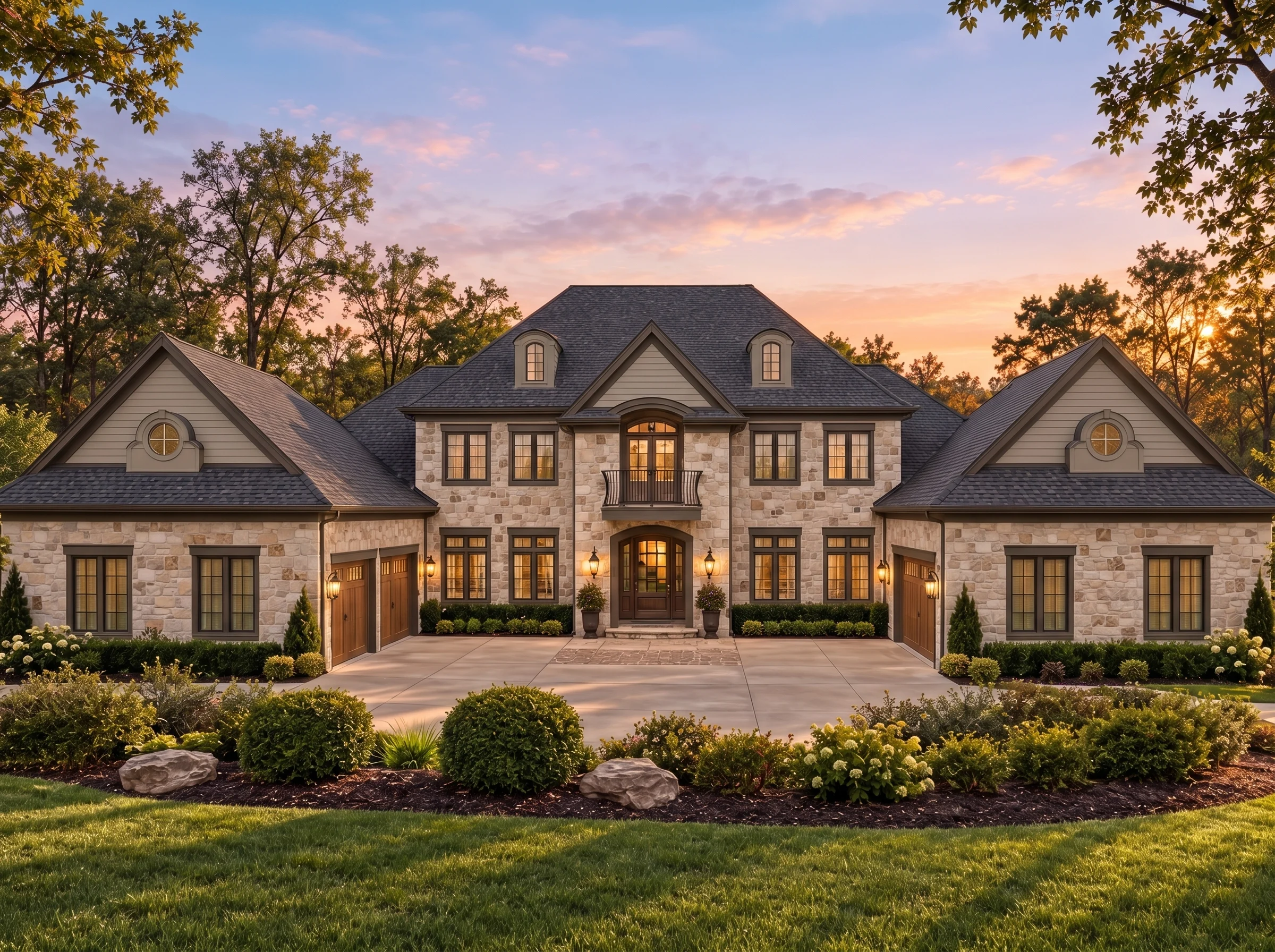 Plan  14-1690 – Zone Retreat |  French Country – 6-Bed, 5-Bath, 6,997 SF - Mushroom Taupe, AI-generated exterior concept